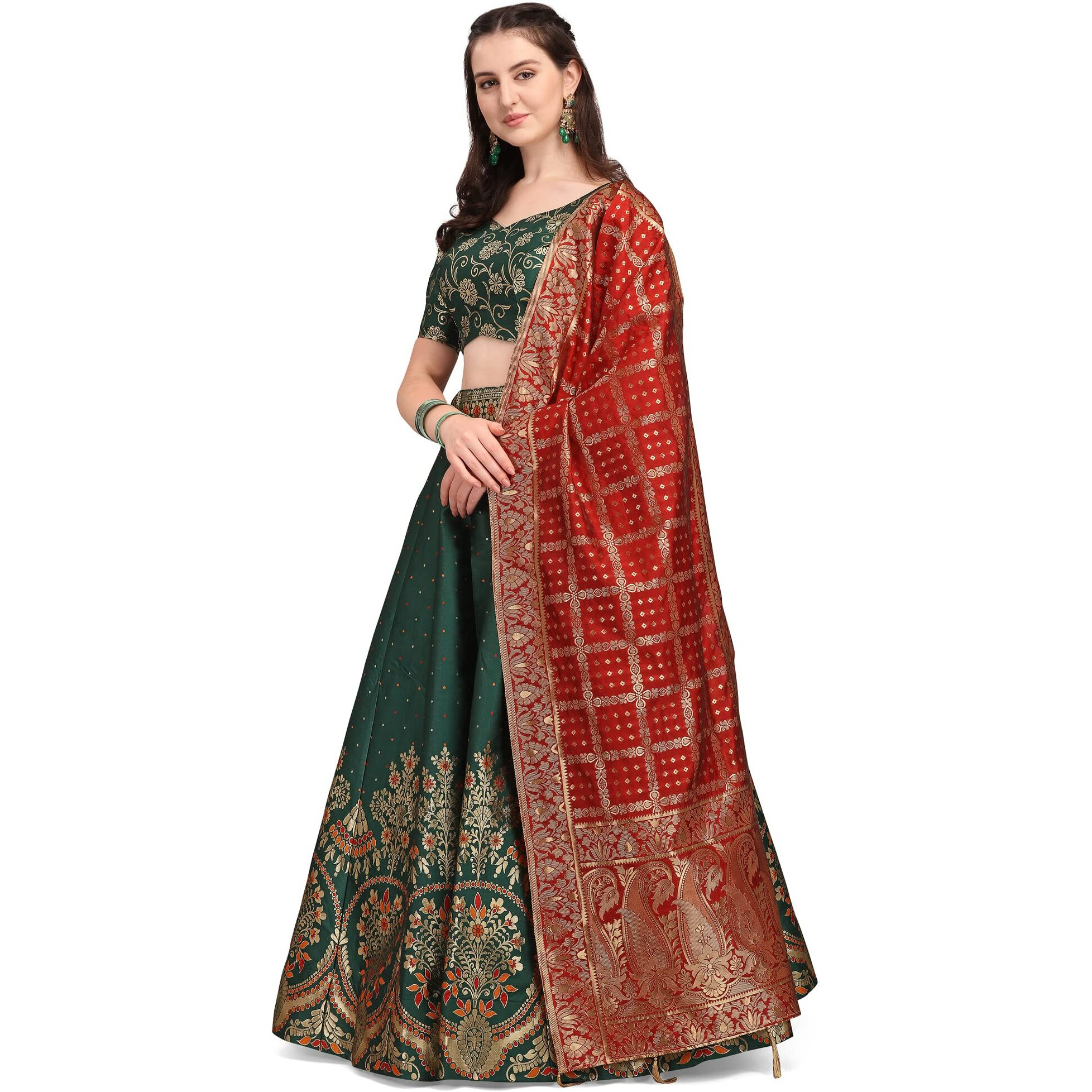 PURVAJA Women's Jacquard Semi-Stitched Lehenga choli (Arambh-D-Green_Green_Free Size)
