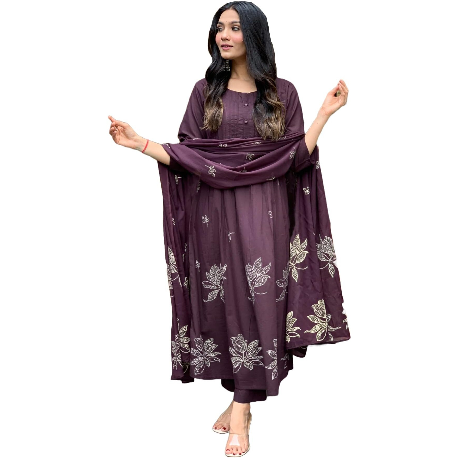 GoSriKi Women's Rayon Blend Anarkali Printed Kurta with Pant & Dupatta (Gangori Wine-GS_XL_Wine_X-Large)