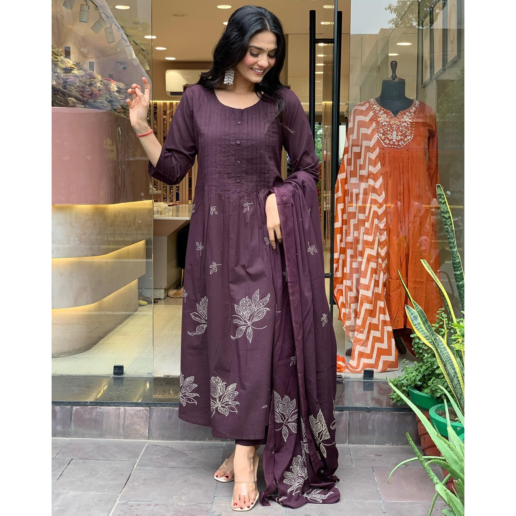 GoSriKi Women's Rayon Blend Anarkali Printed Kurta with Pant & Dupatta (Gangori Wine-GS_XL_Wine_X-Large)
