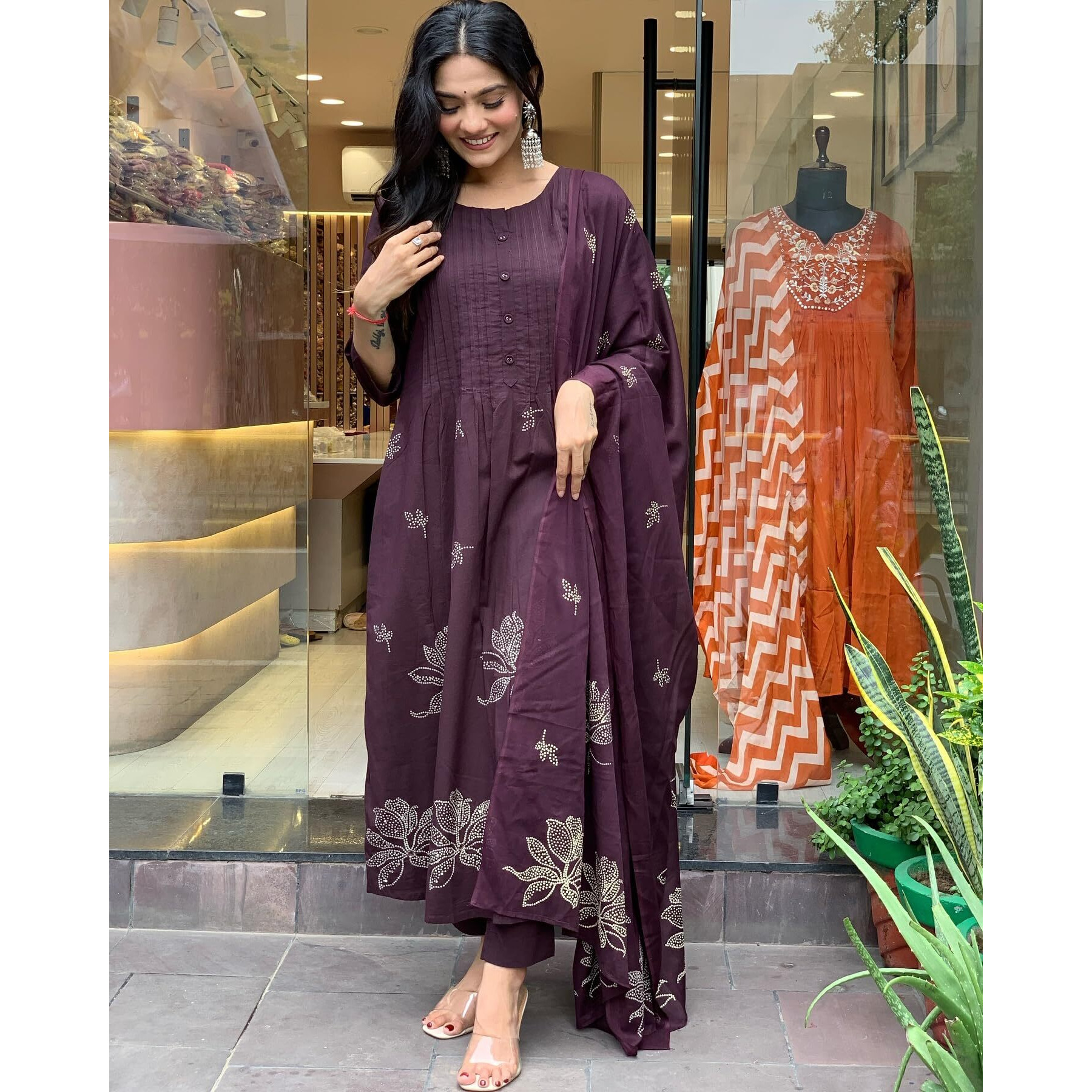 GoSriKi Women's Rayon Blend Anarkali Printed Kurta with Pant & Dupatta (Gangori Wine-GS_XL_Wine_X-Large)