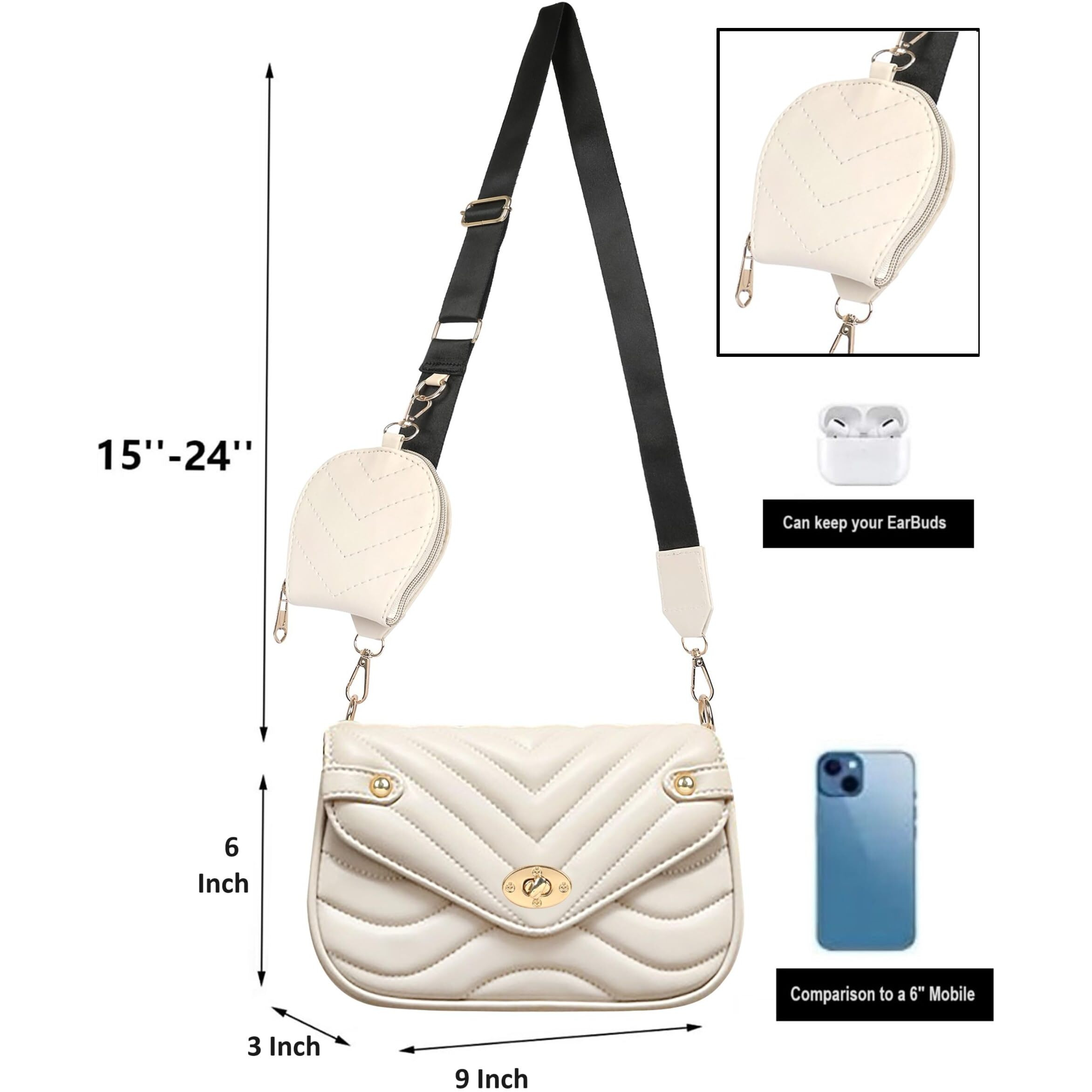 ADISA Women's Girls Waves Cross Body Sling Bag with Pouch (SL5130_Off White)