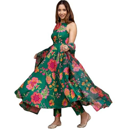 ANNI DESIGNER Women's Cotton Blend Printed Anarkali Kurta with Pant & Dupatta (Tanujashri Green_S_Green_Small)