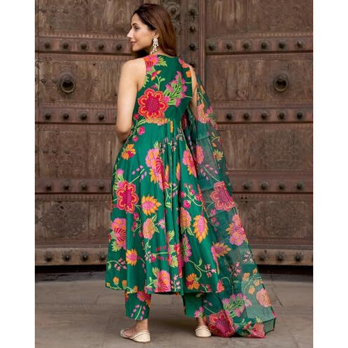 ANNI DESIGNER Women's Cotton Blend Printed Anarkali Kurta with Pant & Dupatta (Tanujashri Green_S_Green_Small)