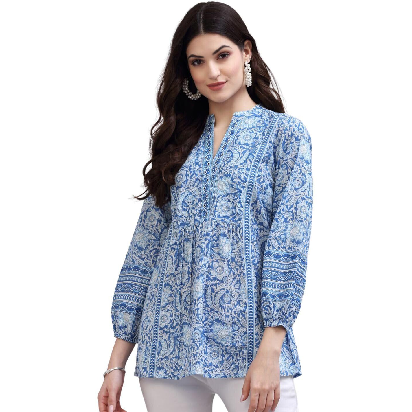 rytras Women's Floral Printed Cotton Top(Blue,Large)