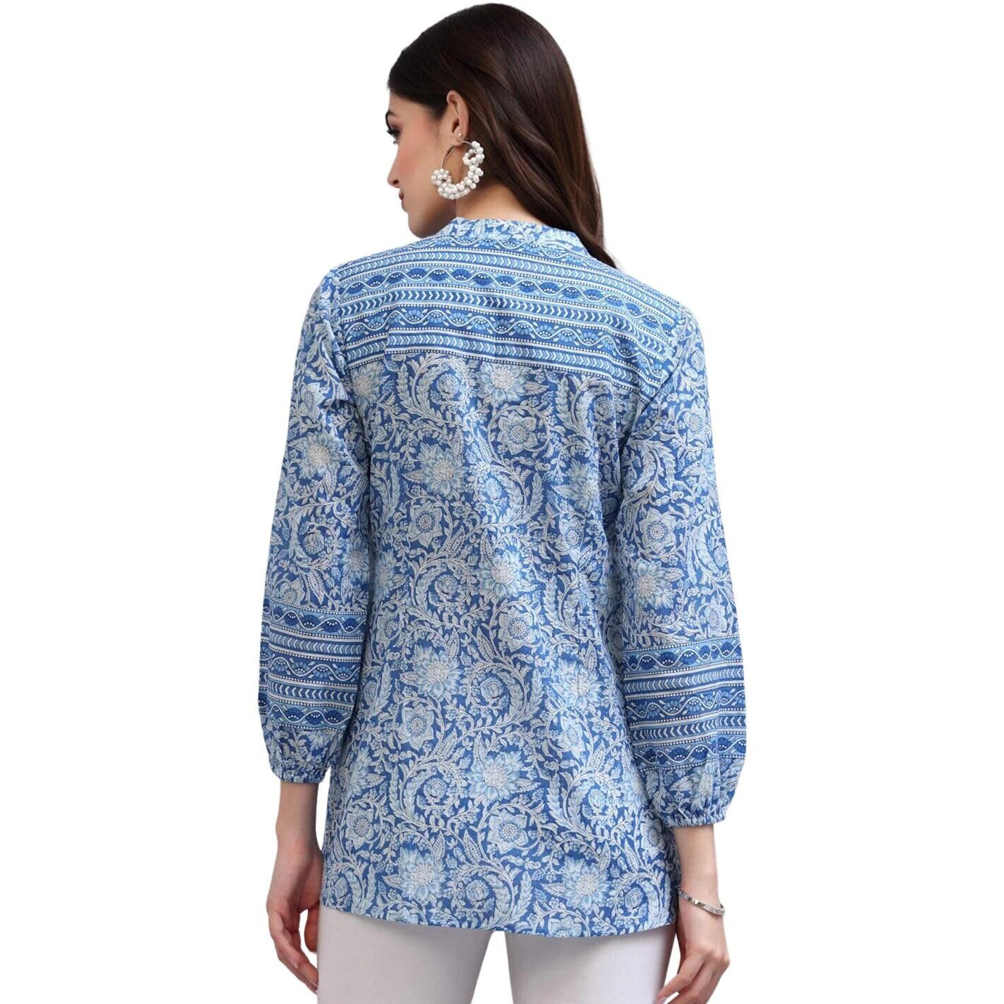 rytras Women's Floral Printed Cotton Top(Blue,Large)