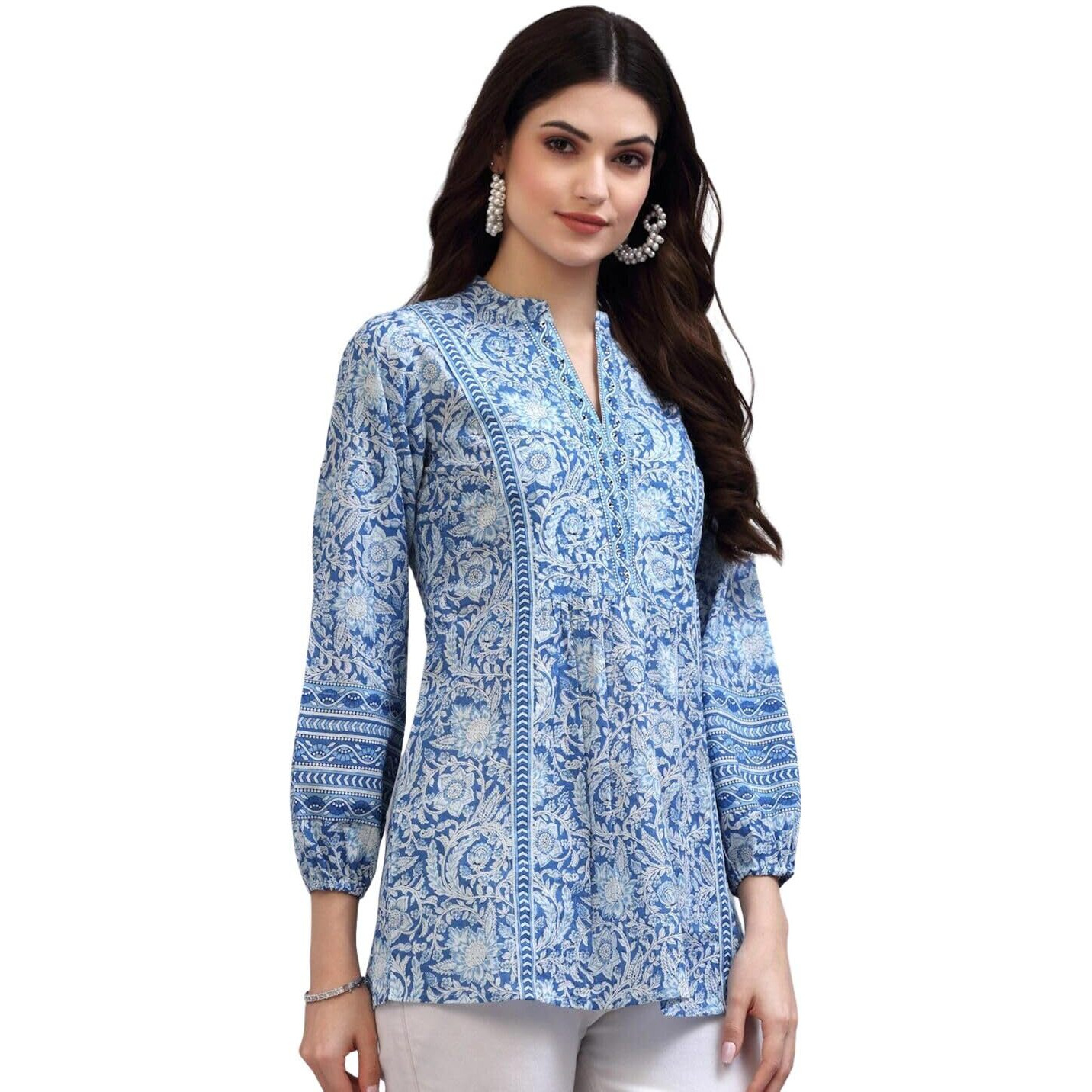 rytras Women's Floral Printed Cotton Top(Blue,Large)