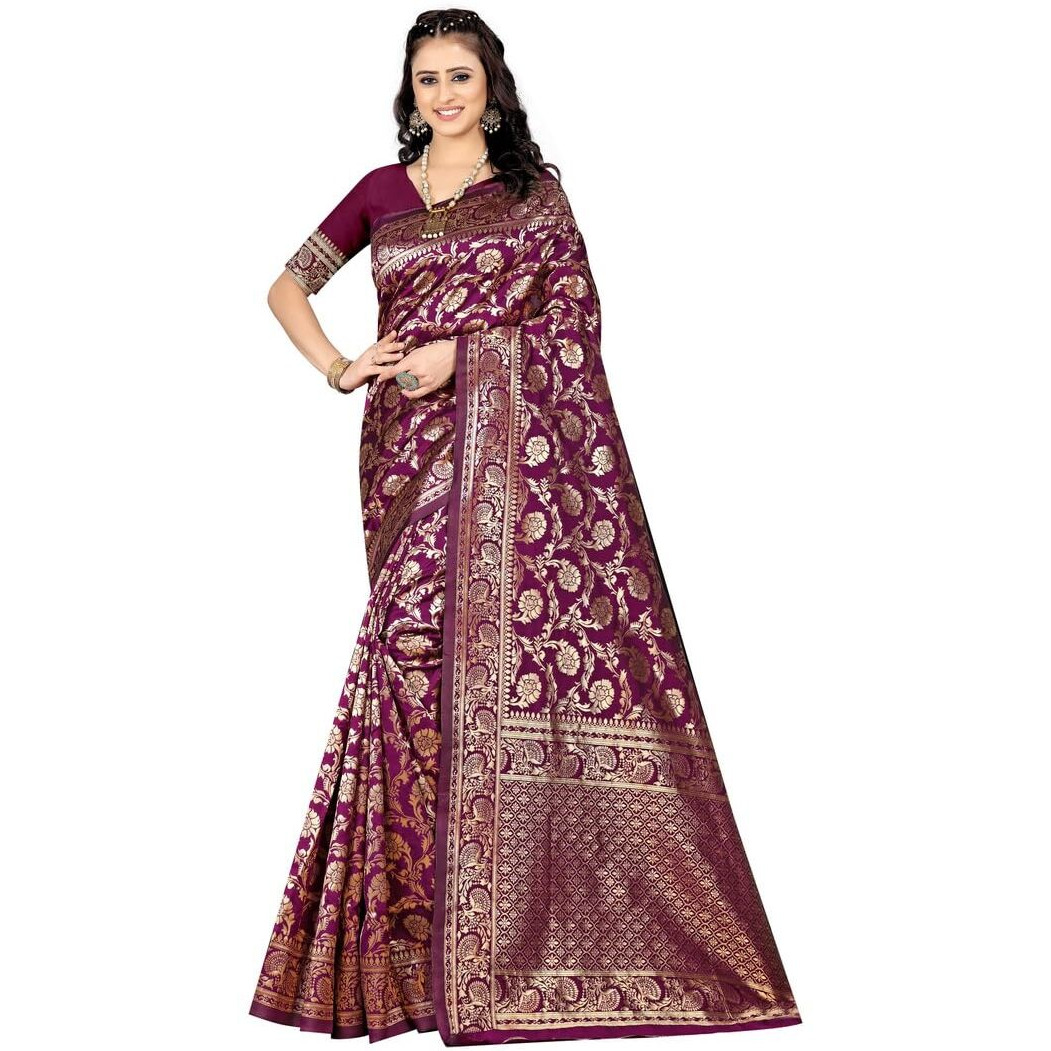 Sugathari Women's Banarasi Saree Pure Kanjivaram Silk Saree Soft new ladies 2023 Design Wear Pattu Sarees Latest Cotton Party Sari collections With Blouse Piece for Wedding sadi (PARI 164 WINE)