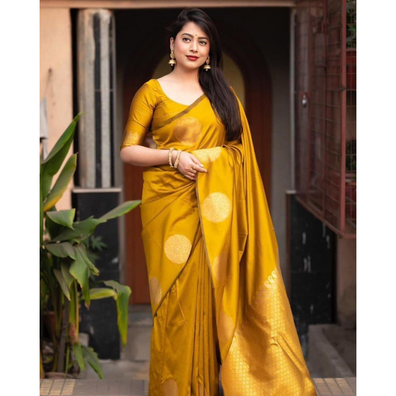 C J Enterprise Women's Banarasi Saree Pure Kanjivaram Silk Saree Soft Design Wear Pattu Sarees Latest Cotton With Blouse Piece Kanchipuram for Wedding sadi new ladies 2025 (KeriGola-51) (Yellow)