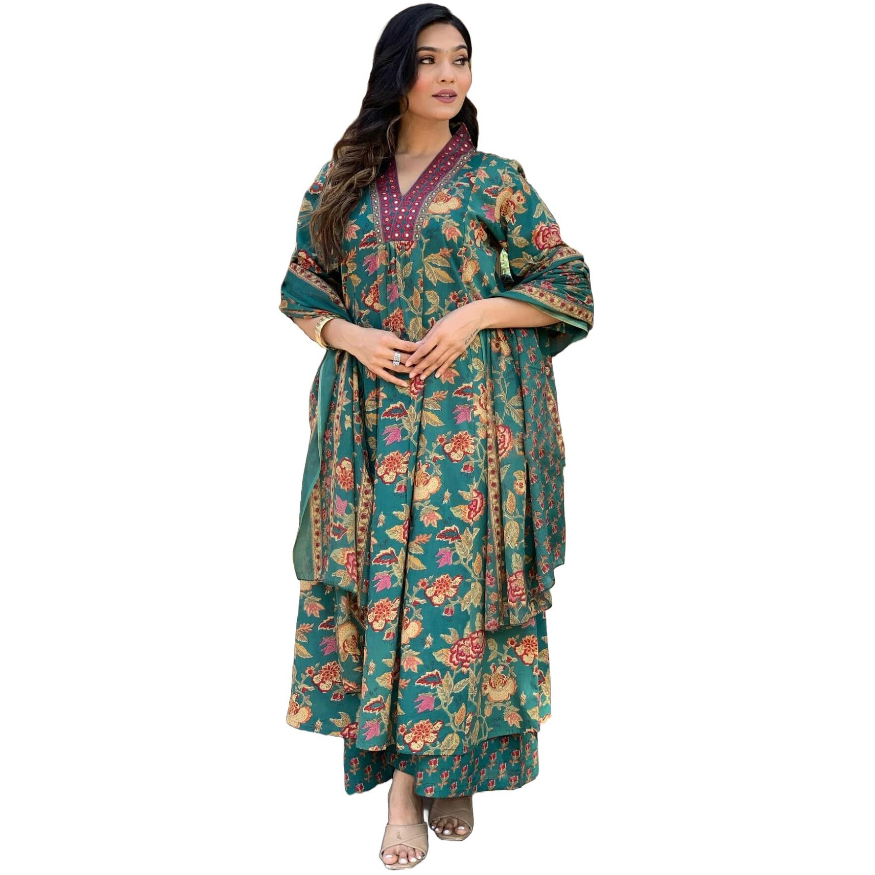 GoSriKi Women's Rayon Blend Anarkali Printed Kurta with Palazzo & Dupatta (CIA Green-GS_M_Green_Medium)