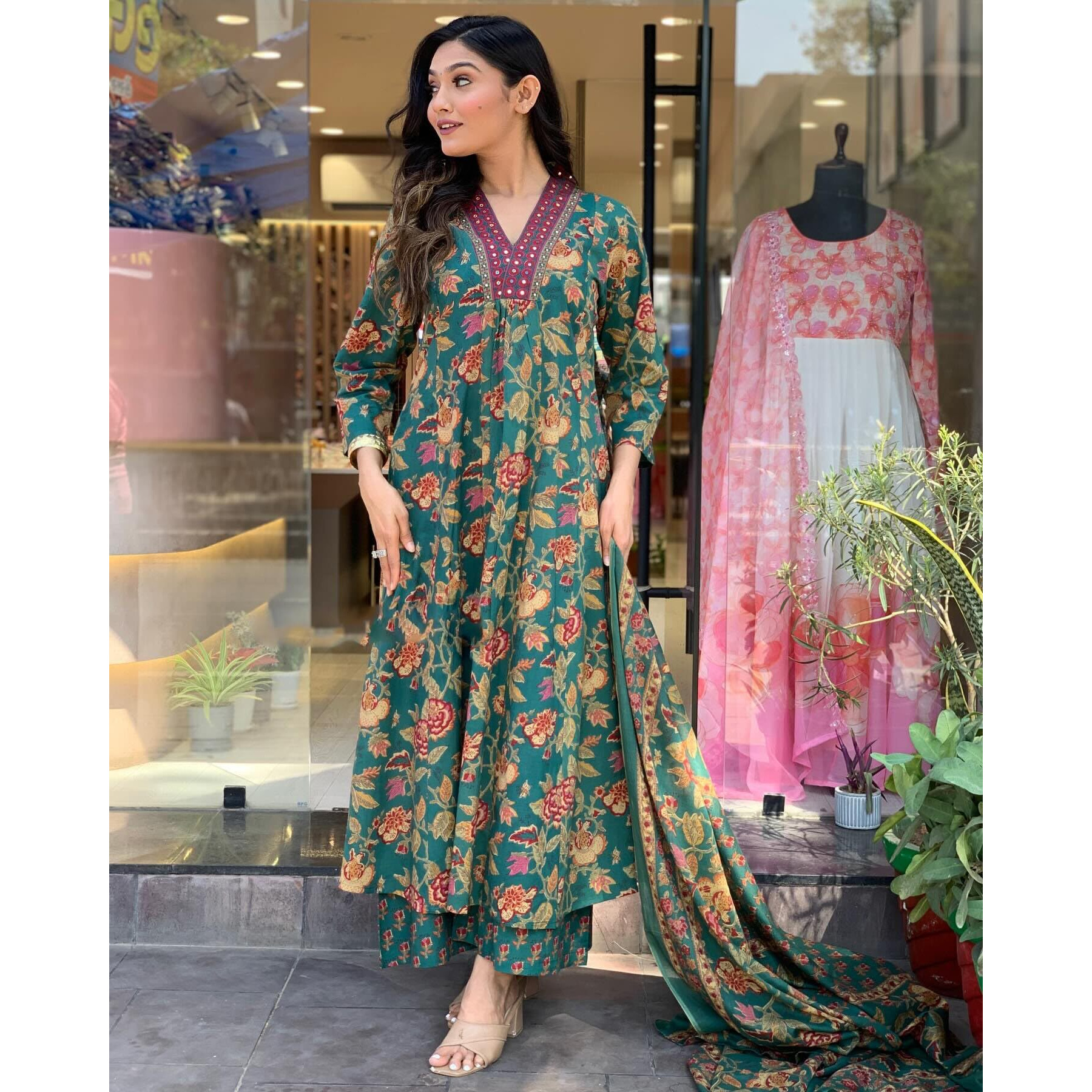 GoSriKi Women's Rayon Blend Anarkali Printed Kurta with Palazzo & Dupatta (CIA Green-GS_M_Green_Medium)