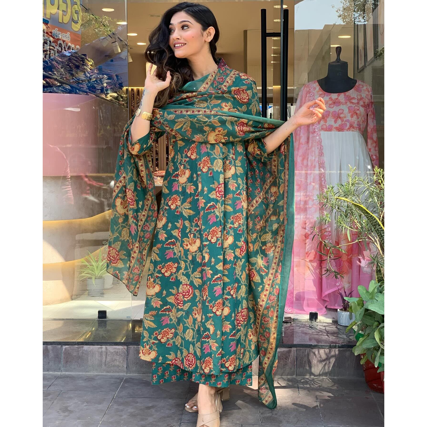 GoSriKi Women's Rayon Blend Anarkali Printed Kurta with Palazzo & Dupatta (CIA Green-GS_M_Green_Medium)
