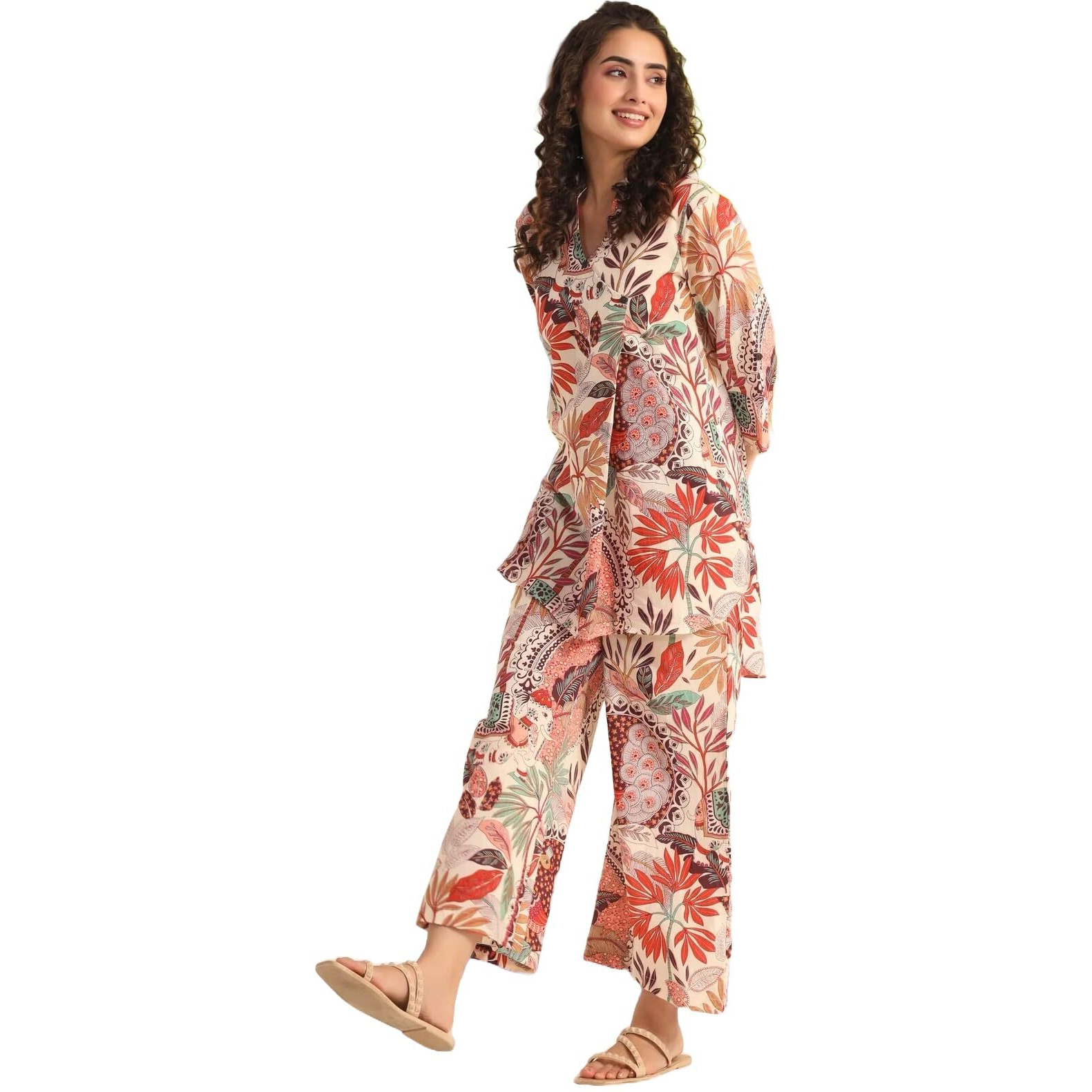 KLOSIA Women Kurta Set for Women | Co-ords Set | Kurta Pant Set | Coordinate Set | Summer Suit | Printed Short Kurti with Pant Set | (X-Large) Peach