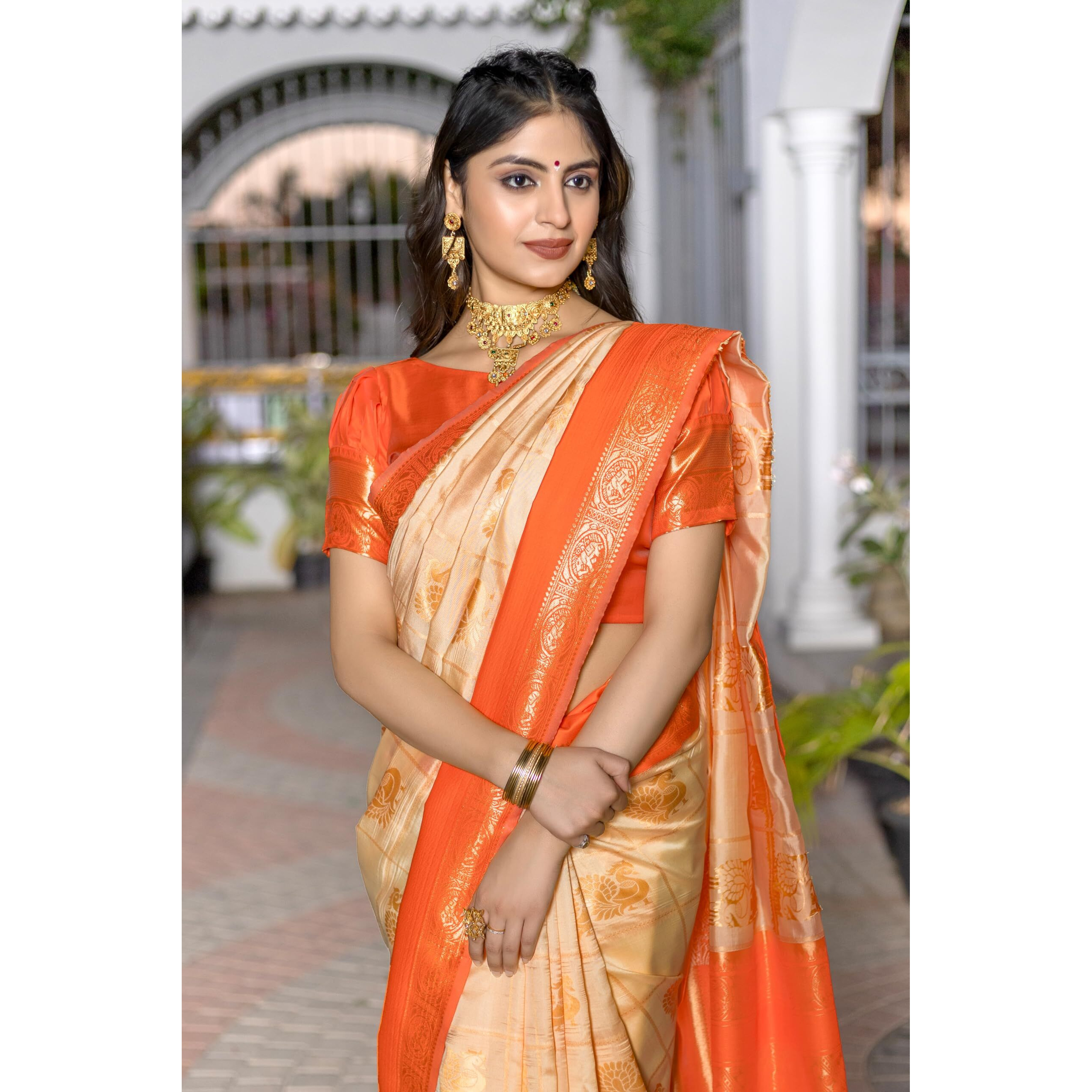 Jaanvi fashion Women's Kanjivaram Silk Saree With Blouse Piece (siya-beige)