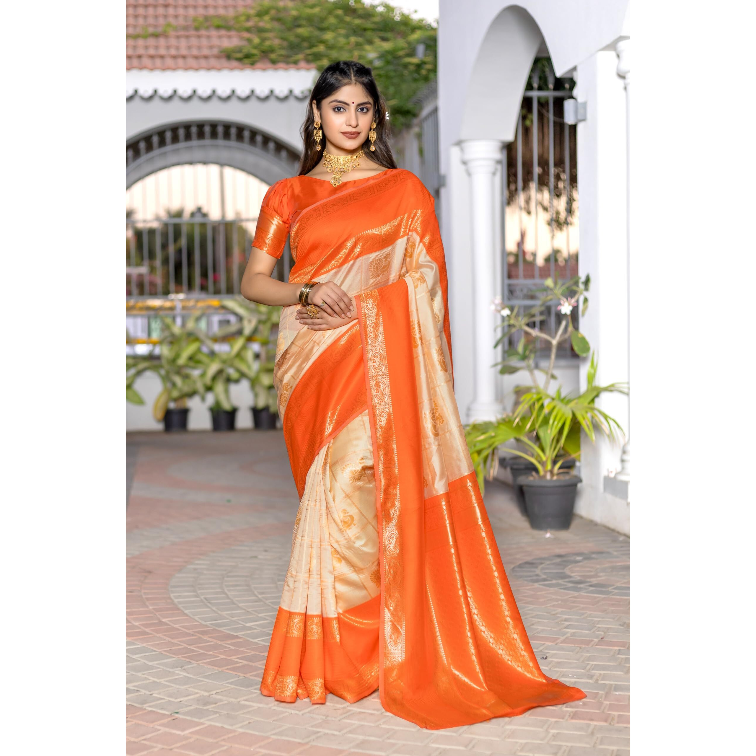 Jaanvi fashion Women's Kanjivaram Silk Saree With Blouse Piece (siya-beige)