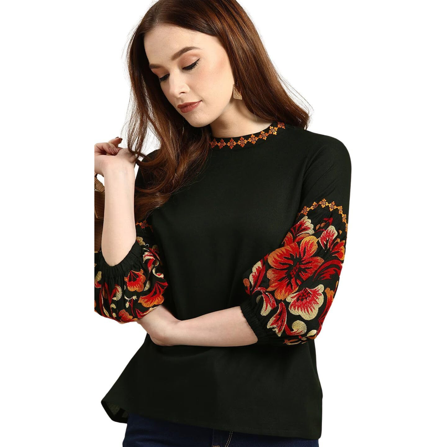 rytras Women's Embroidered Regular Top(Black,XL)