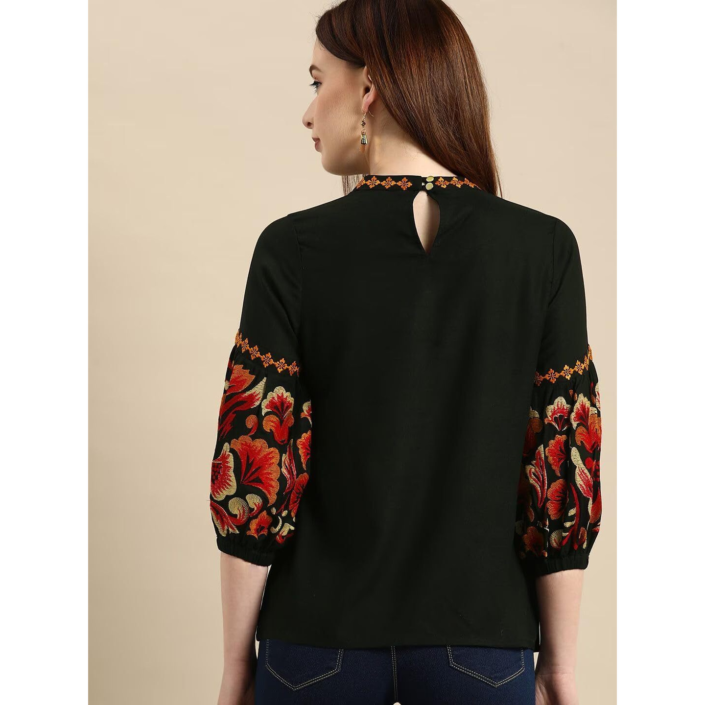 rytras Women's Embroidered Regular Top(Black,XL)