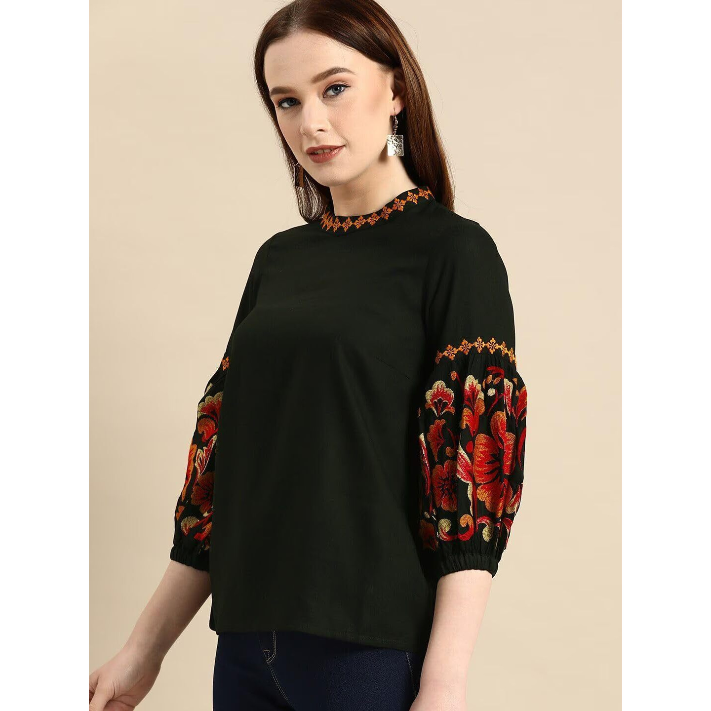 rytras Women's Embroidered Regular Top(Black,XL)