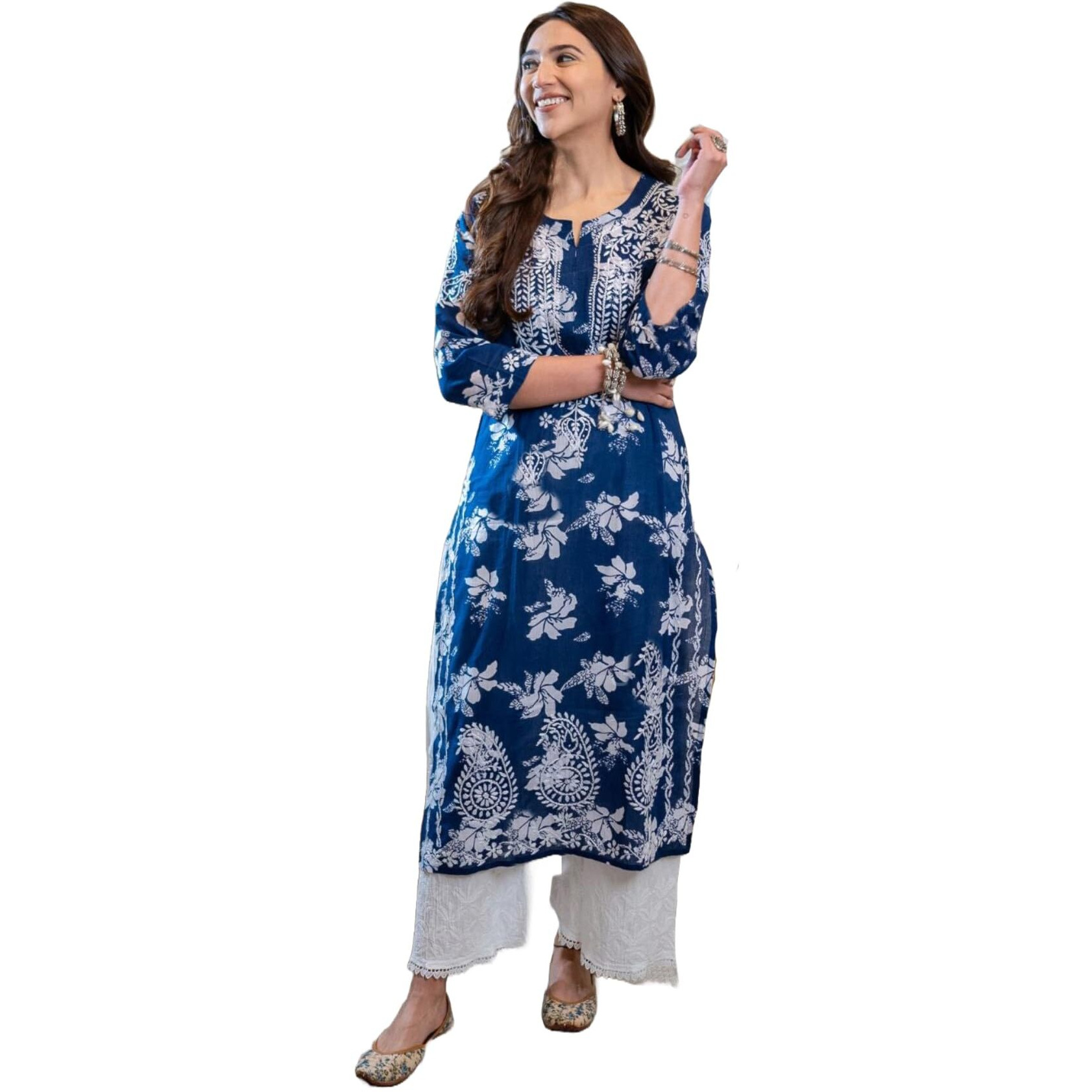 GoSriKi Women's Rayon Blend Chikankari Embroidered Straight Kurta (SCEROS-Cerosin-GS_XL_Blue_X-Large)