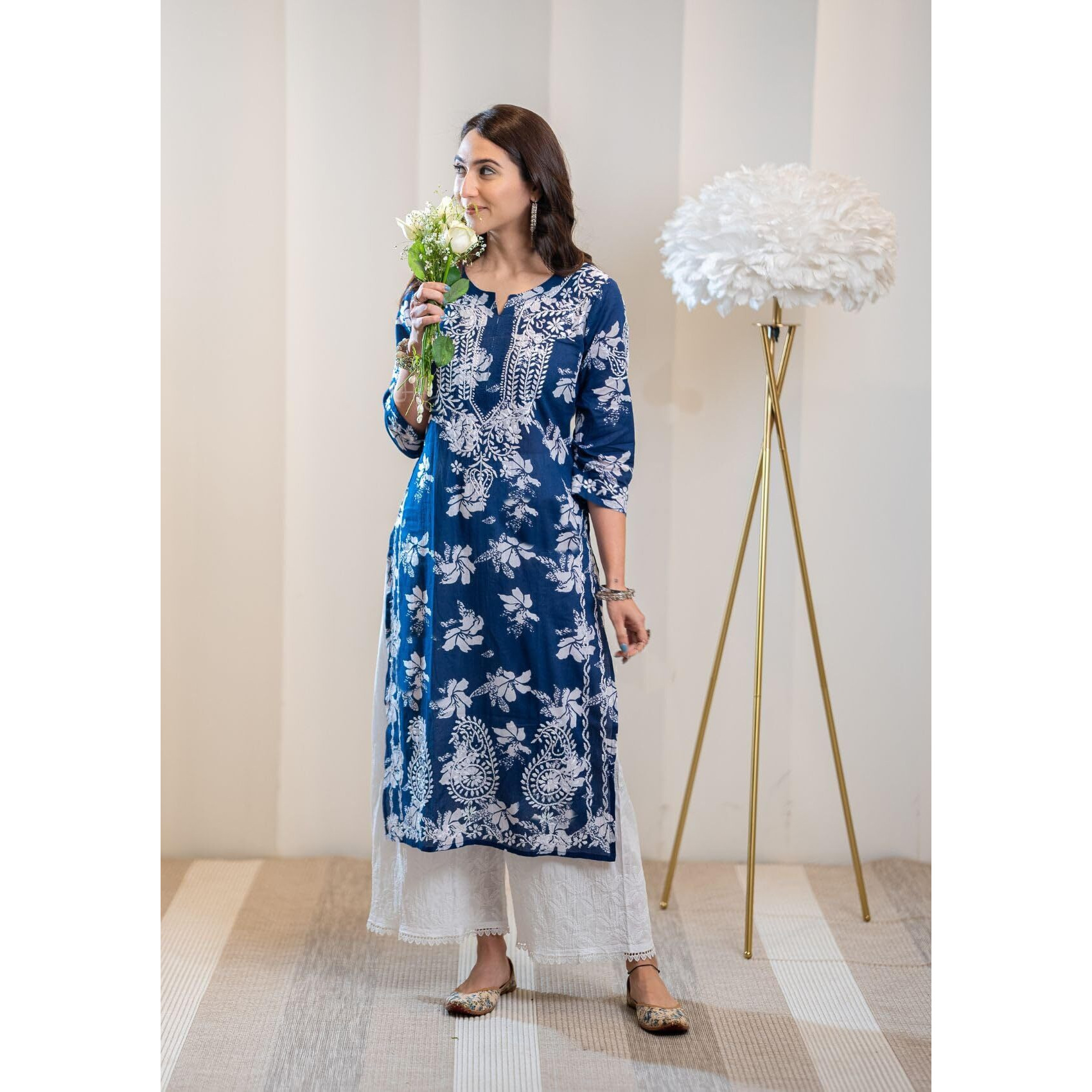 GoSriKi Women's Rayon Blend Chikankari Embroidered Straight Kurta (SCEROS-Cerosin-GS_XL_Blue_X-Large)