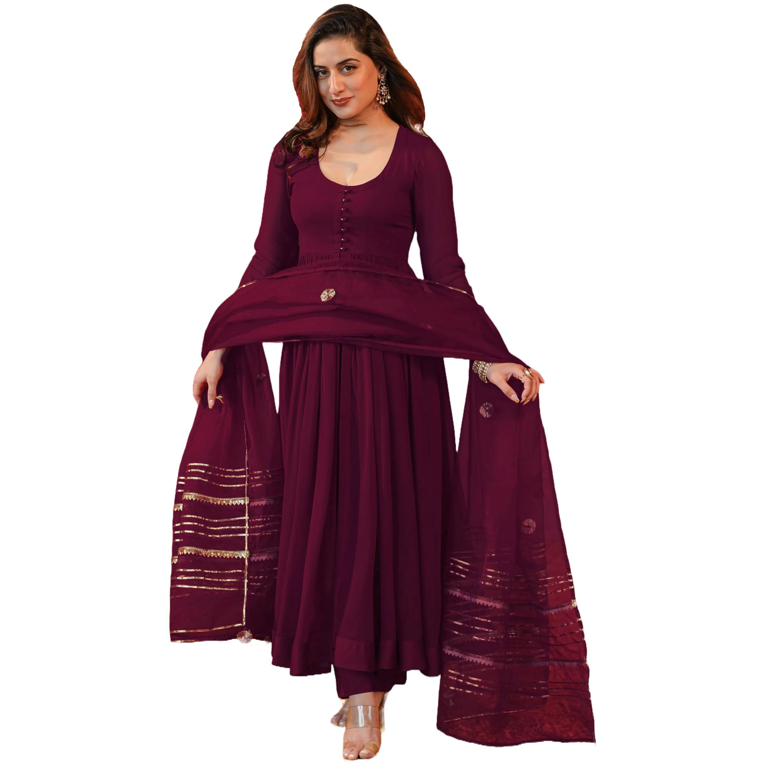 GoSriKi Women's Rayon Blend Anarkali Solid Kurta with Pant & Dupatta (JAYNTI Wine-GS_L_Wine_Large)