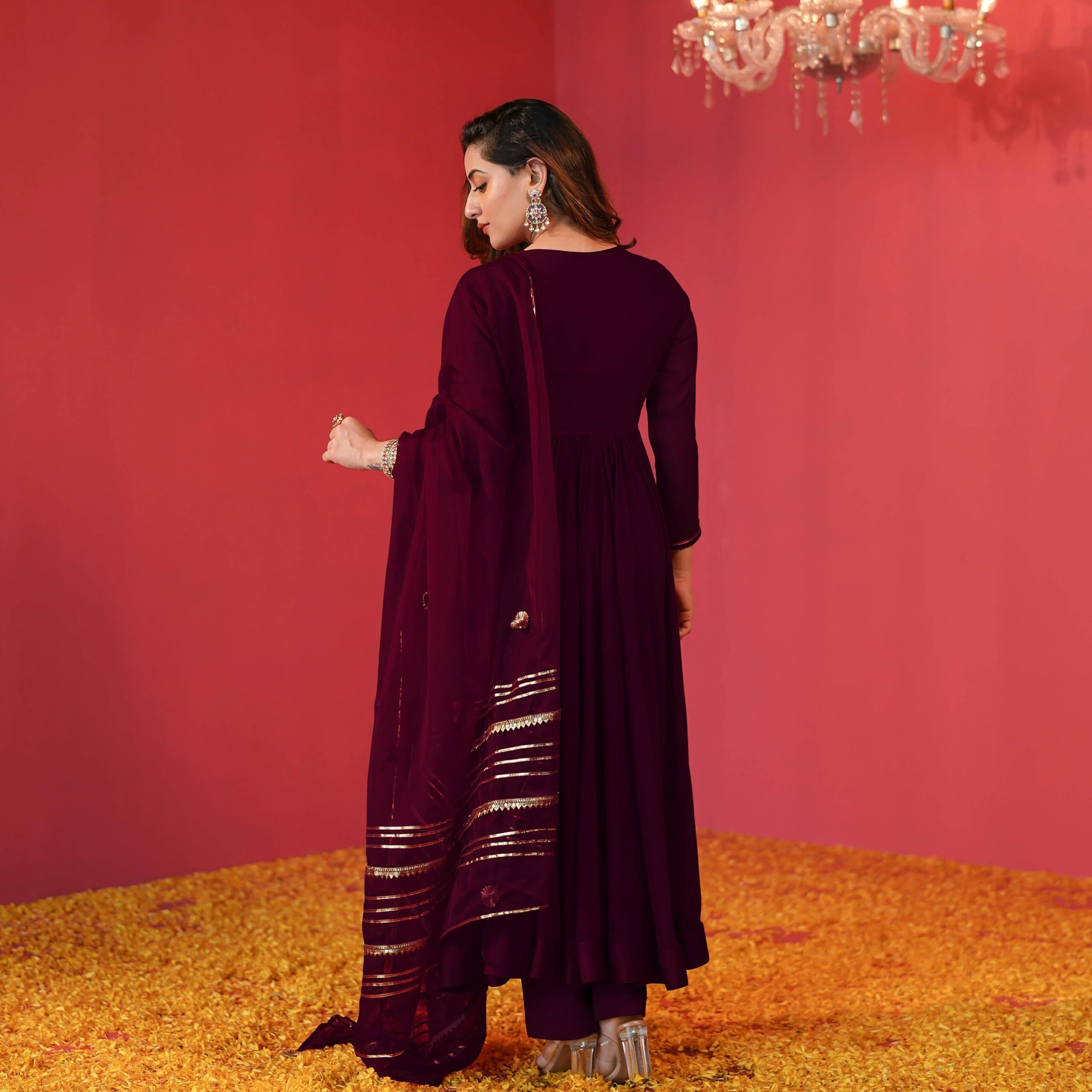 GoSriKi Women's Rayon Blend Anarkali Solid Kurta with Pant & Dupatta (JAYNTI Wine-GS_L_Wine_Large)