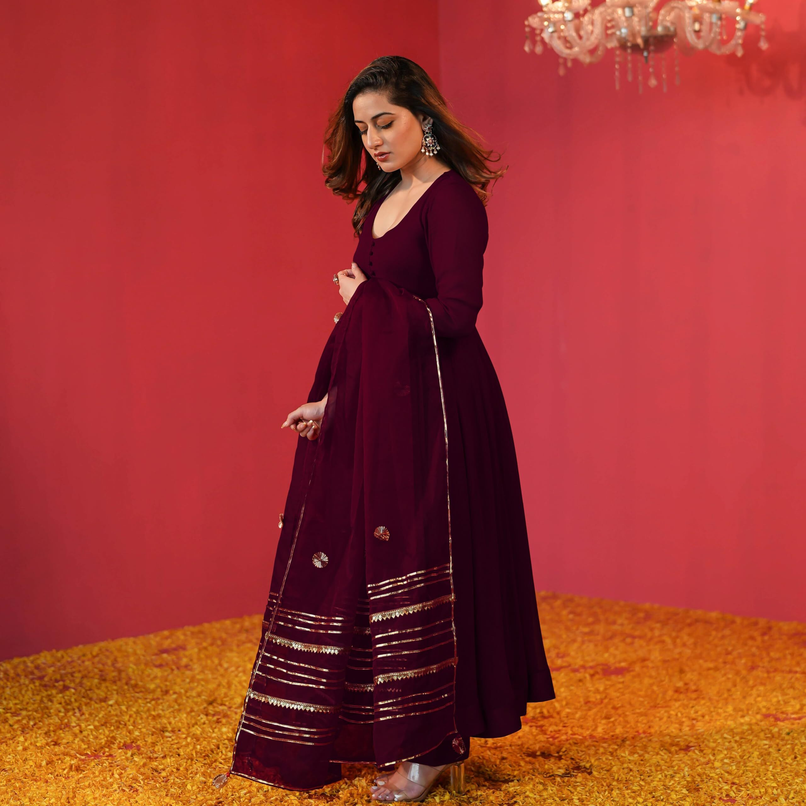 GoSriKi Women's Rayon Blend Anarkali Solid Kurta with Pant & Dupatta (JAYNTI Wine-GS_L_Wine_Large)