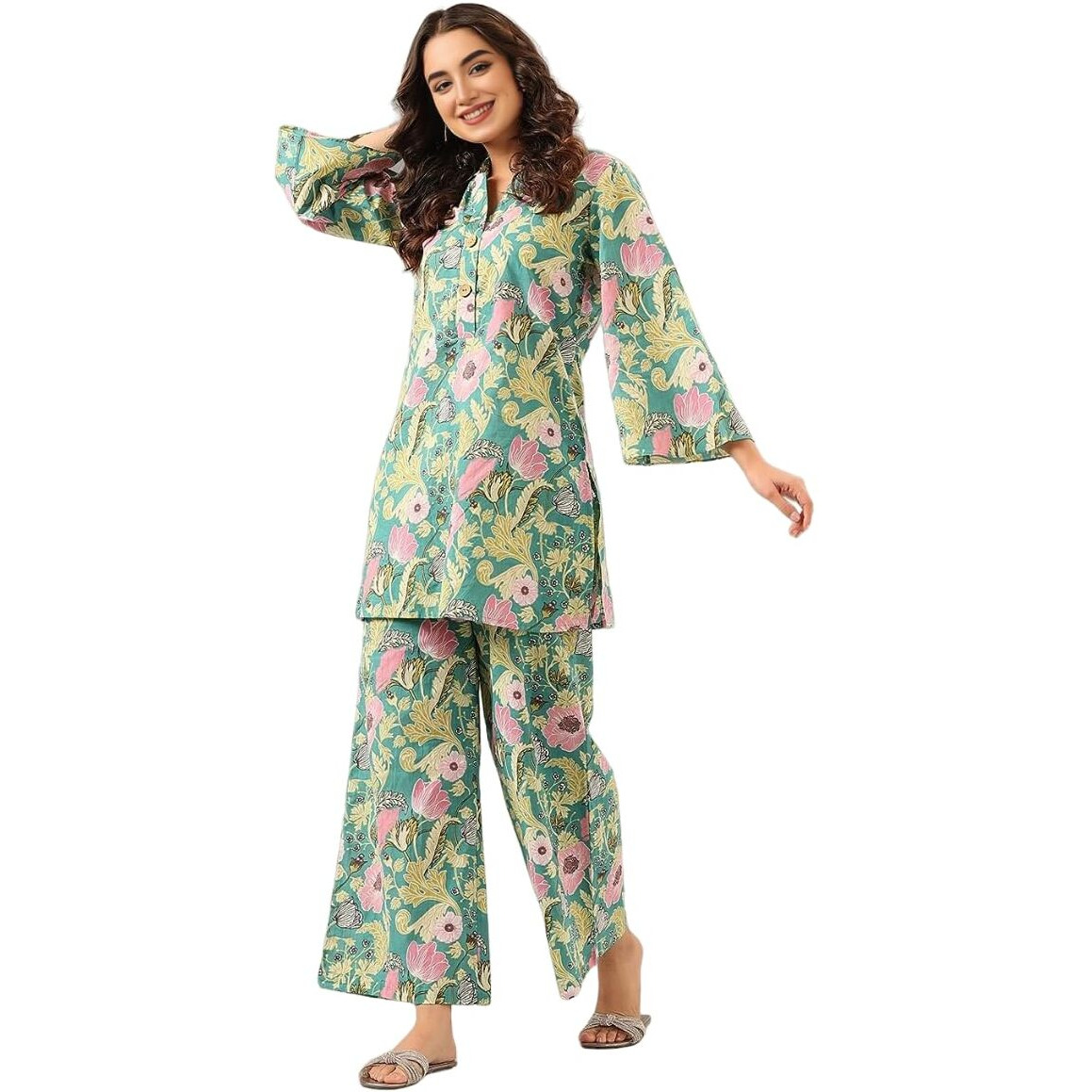 Yashika Women's Trendy Printed Cotton Blend Straight Light Green Color Kurta and Palazzo Set(YS-KS2075-M)