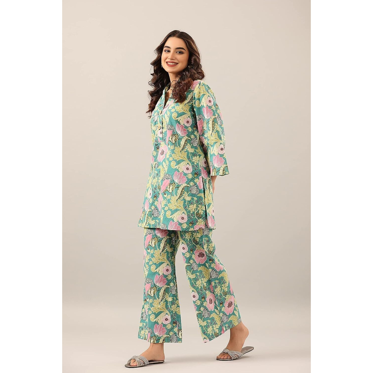 Yashika Women's Trendy Printed Cotton Blend Straight Light Green Color Kurta and Palazzo Set(YS-KS2075-M)