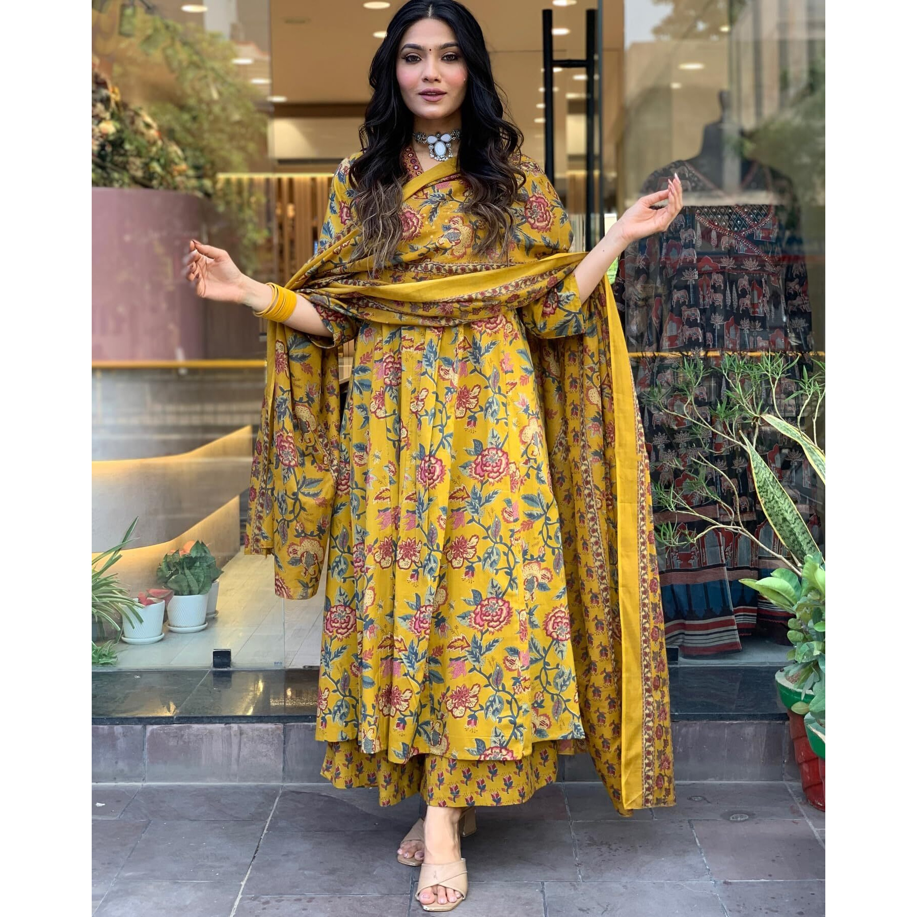 Nermosa Women Printed Anarkali Kurta and pant set with Dupatta (IN, Alpha, XL, Yellow)