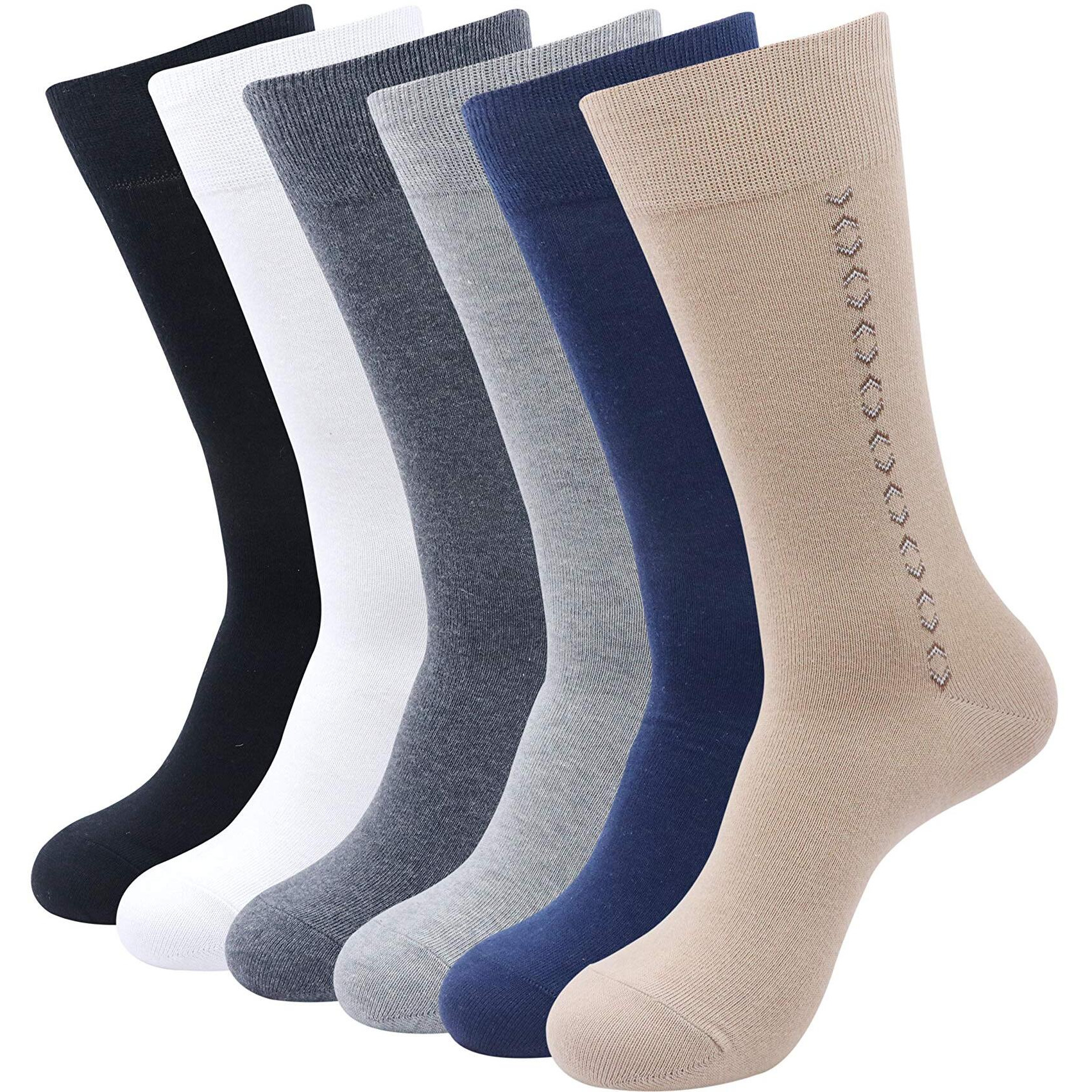 BALENZIA Men's Crew Length/Calf Length Socks (Free Size) Made with Cotton & Spandex - Combo Pack of 6 - (Black, Beige, Navy, D.Grey, L.Grey, White)