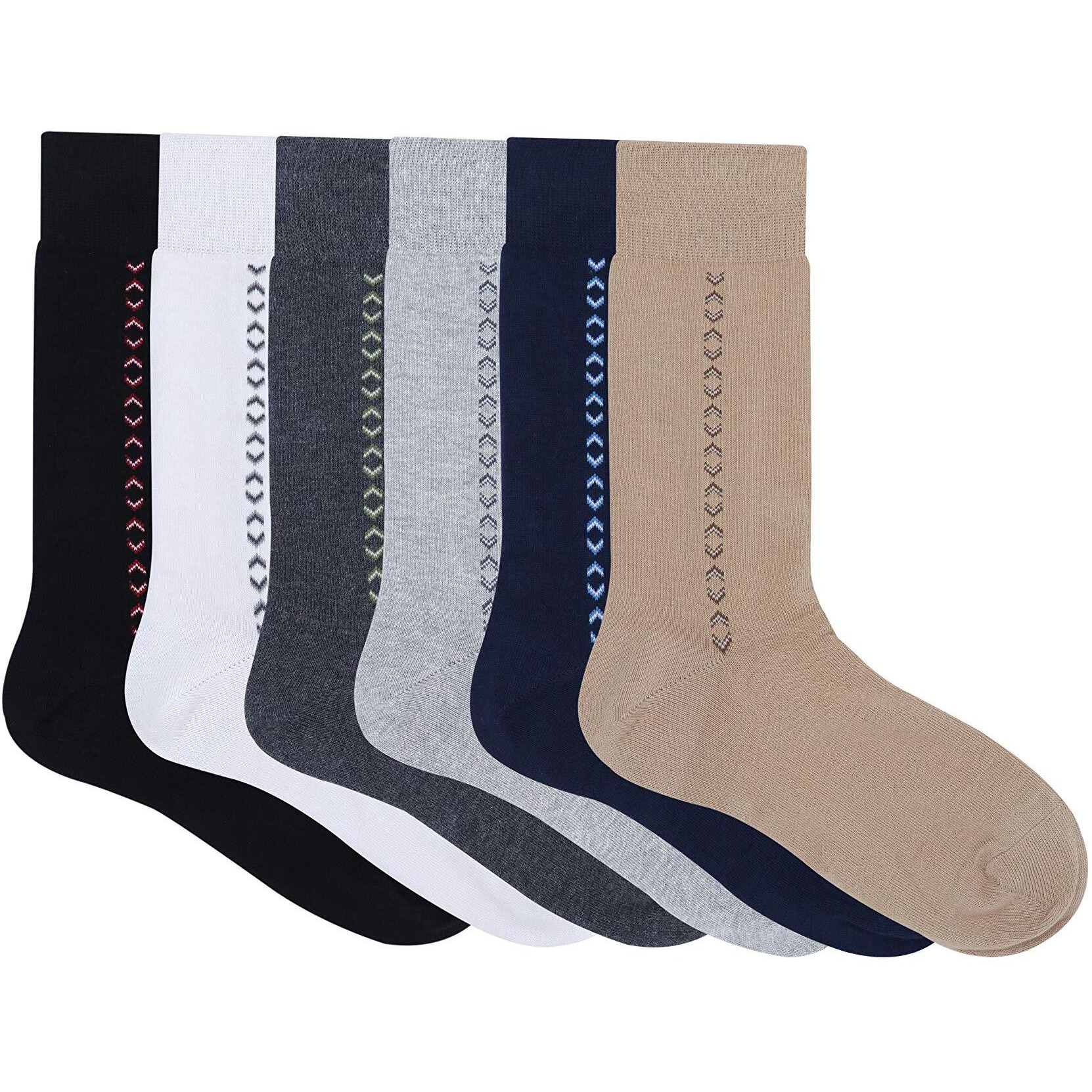 BALENZIA Men's Crew Length/Calf Length Socks (Free Size) Made with Cotton & Spandex - Combo Pack of 6 - (Black, Beige, Navy, D.Grey, L.Grey, White)