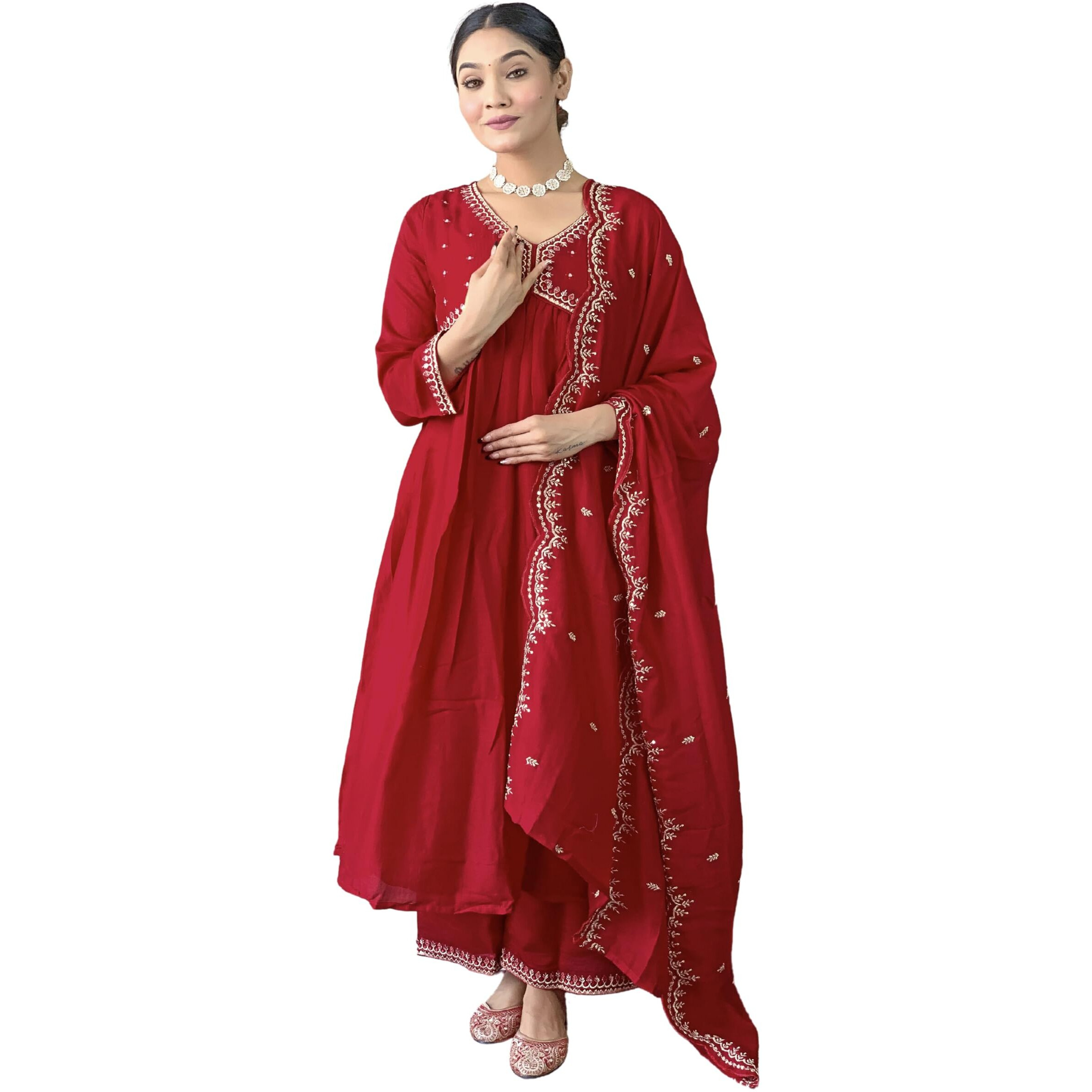 Naixa Women's Red Vichitra Silk Embroidered A-line Kurta with Vichitra Silk Pant and Chinon Embroidered Dupatta Sets (NK-443-Red-S)