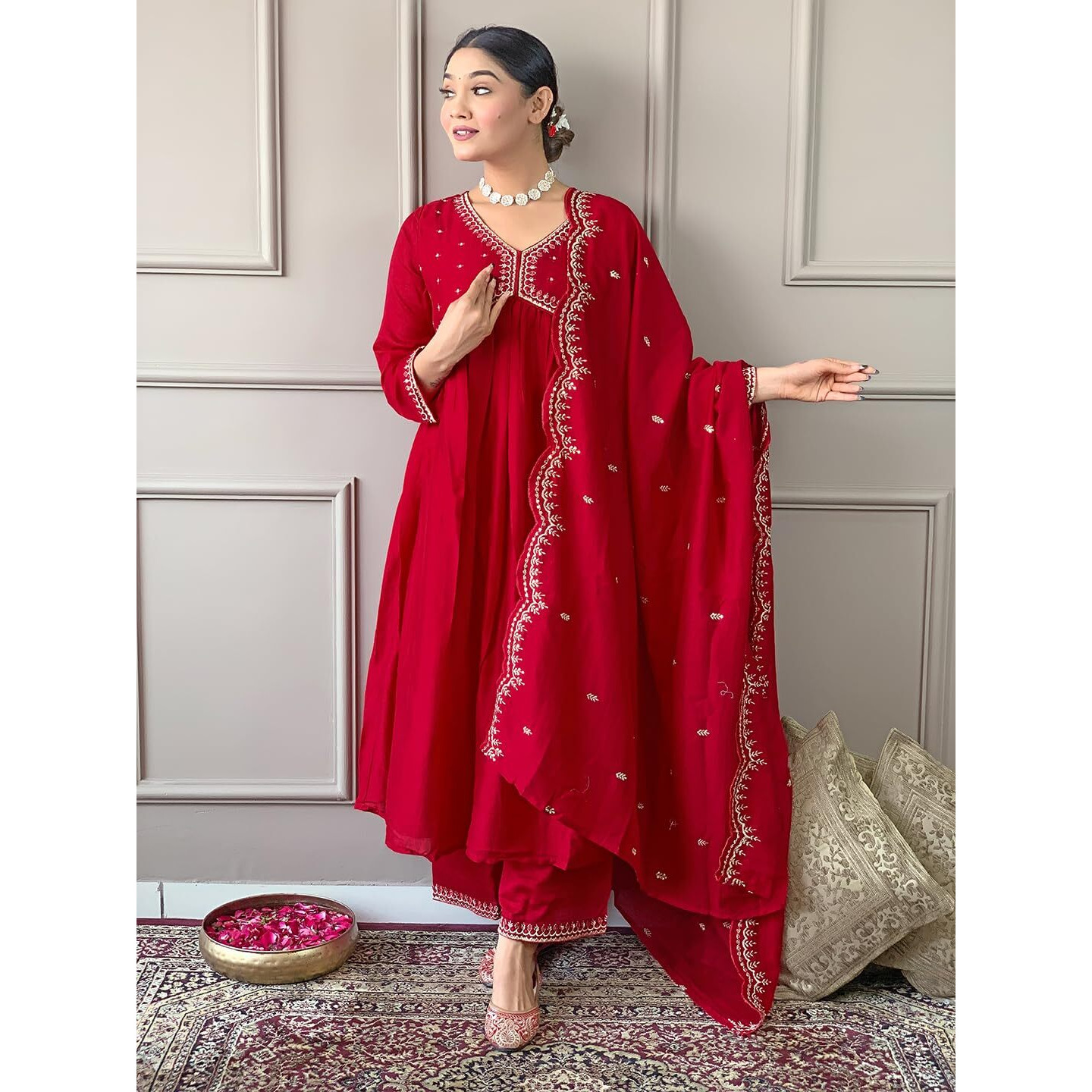 Naixa Women's Red Vichitra Silk Embroidered A-line Kurta with Vichitra Silk Pant and Chinon Embroidered Dupatta Sets (NK-443-Red-S)