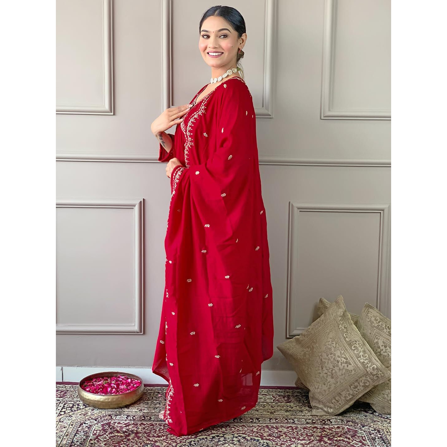 Naixa Women's Red Vichitra Silk Embroidered A-line Kurta with Vichitra Silk Pant and Chinon Embroidered Dupatta Sets (NK-443-Red-S)