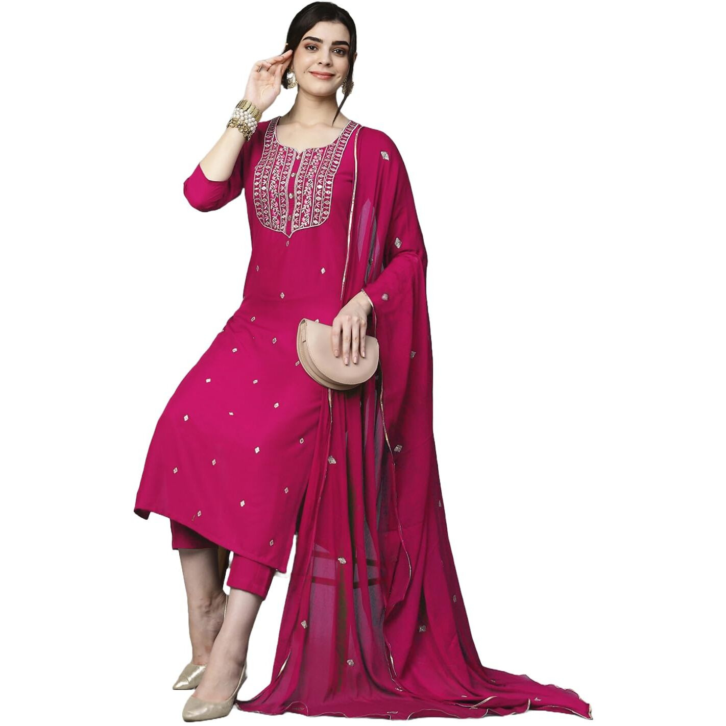 GoSriKi Women's Cotton Blend Embroidered Straight Kurta with Pant & Dupatta (Kasturi Pink-APL-GS_3XL_Pink_XXX-Large)