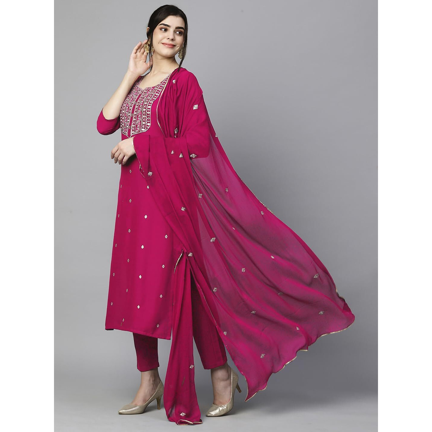 GoSriKi Women's Cotton Blend Embroidered Straight Kurta with Pant & Dupatta (Kasturi Pink-APL-GS_3XL_Pink_XXX-Large)