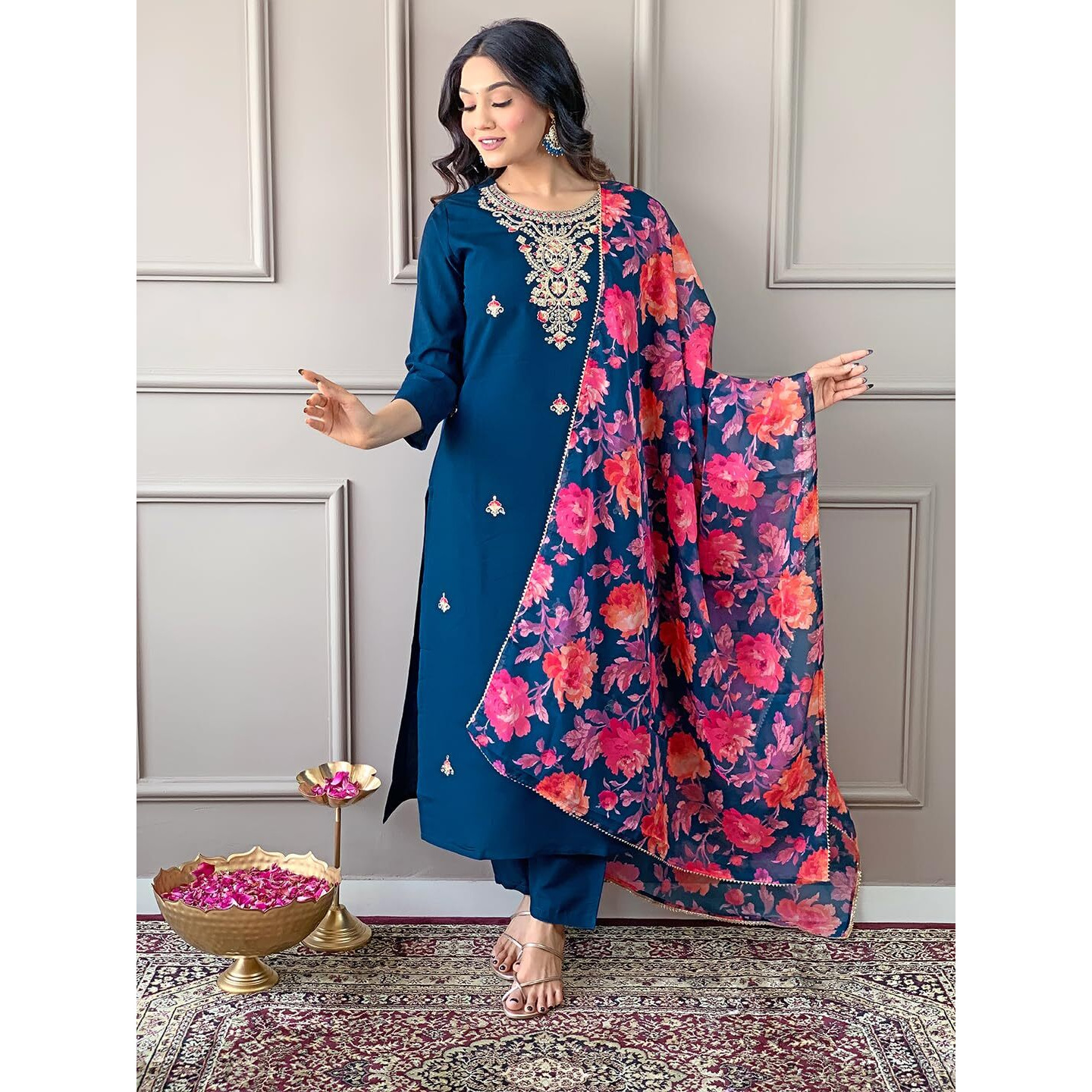 Naixa Women's Petrol Rayon Blend Embroidered and Printed Straight Kurta with Rayon Blend Pant and Organza Printed Dupatta Sets (NX-513-Petrol-XL)