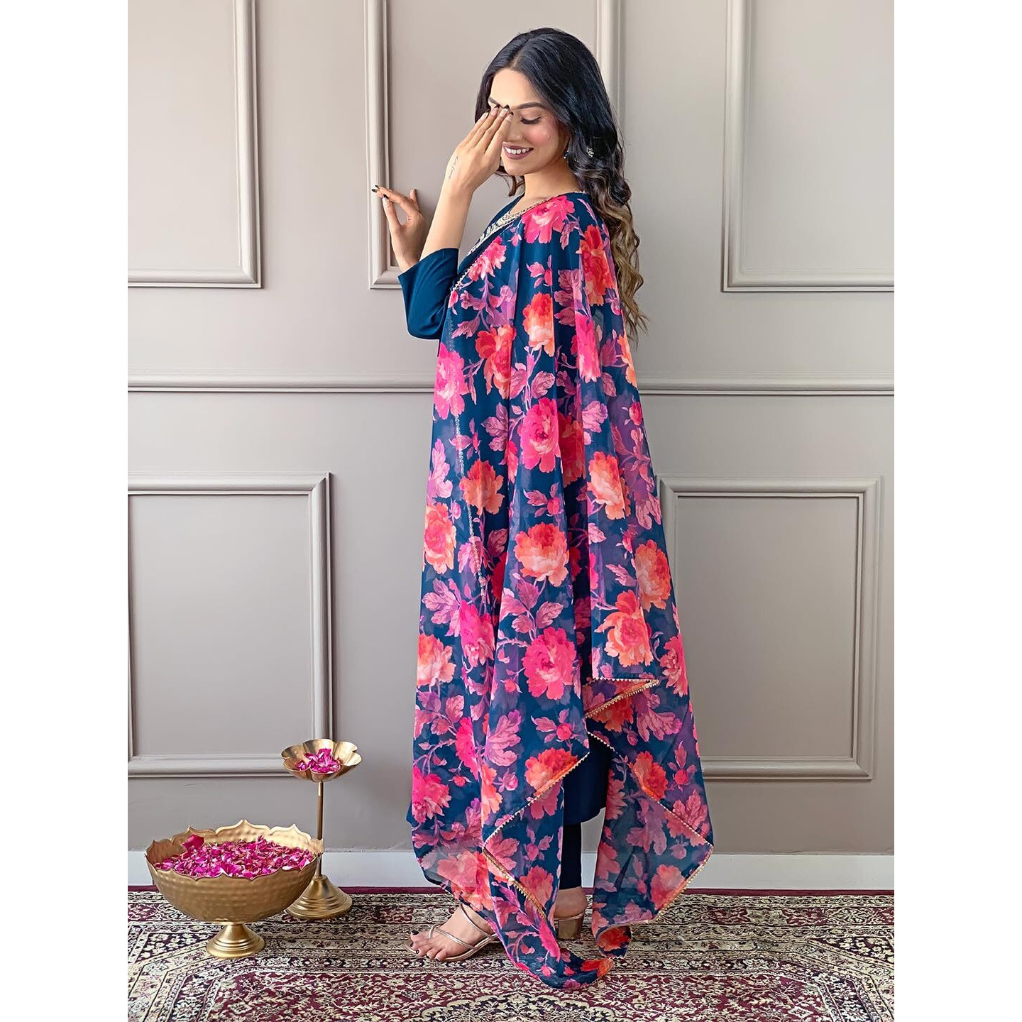 Naixa Women's Petrol Rayon Blend Embroidered and Printed Straight Kurta with Rayon Blend Pant and Organza Printed Dupatta Sets (NX-513-Petrol-XL)