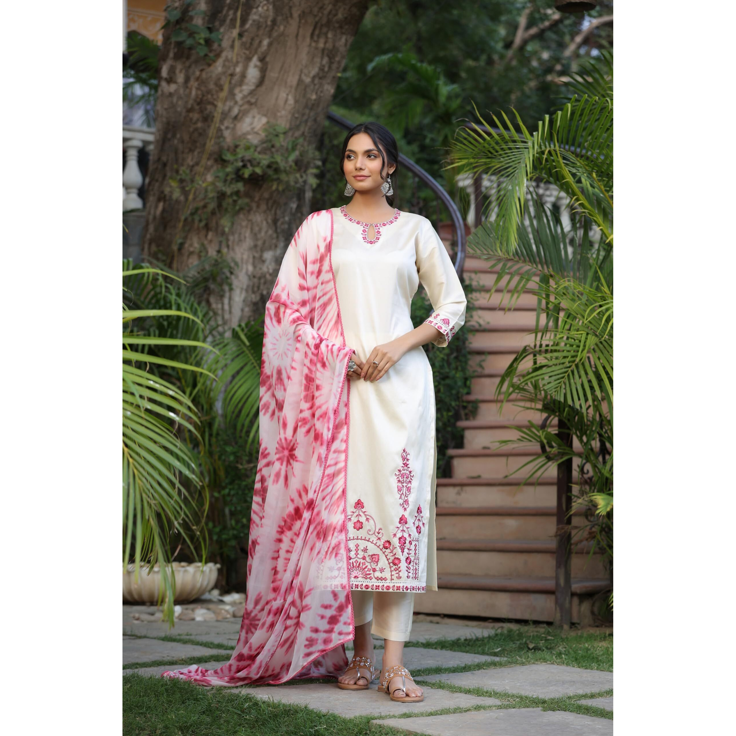 GoSriKi Women's Cotton Blend Straight Embroidered Kurta with Pant & Dupatta (BHAVI Cream-KDV-GS_XL_Cream_X-Large)