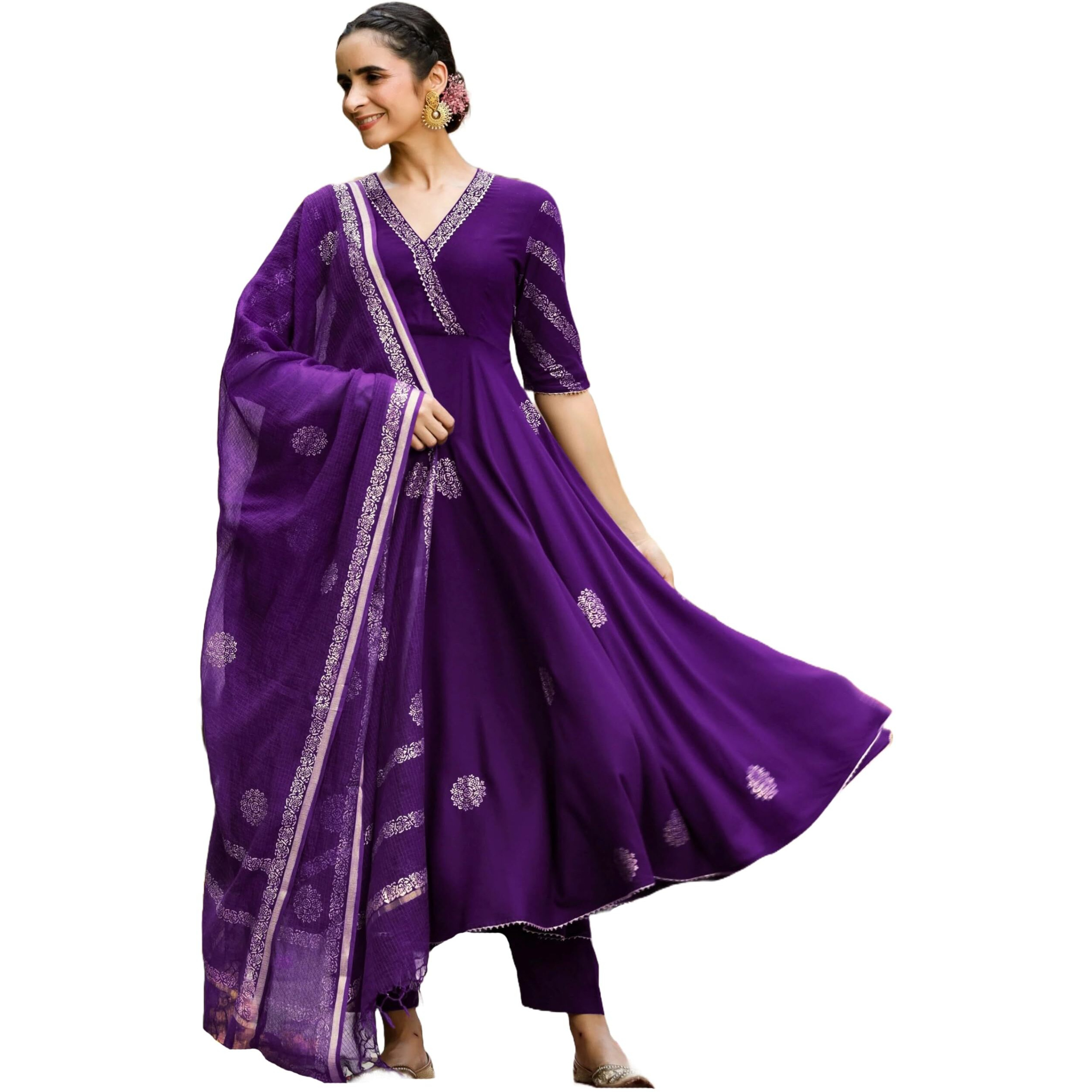 GoSriKi Women's Rayon Blend Anarkali Printed Kurta with Pant & Dupatta (Berlin BEGANI-GS_L_Begani_Large)