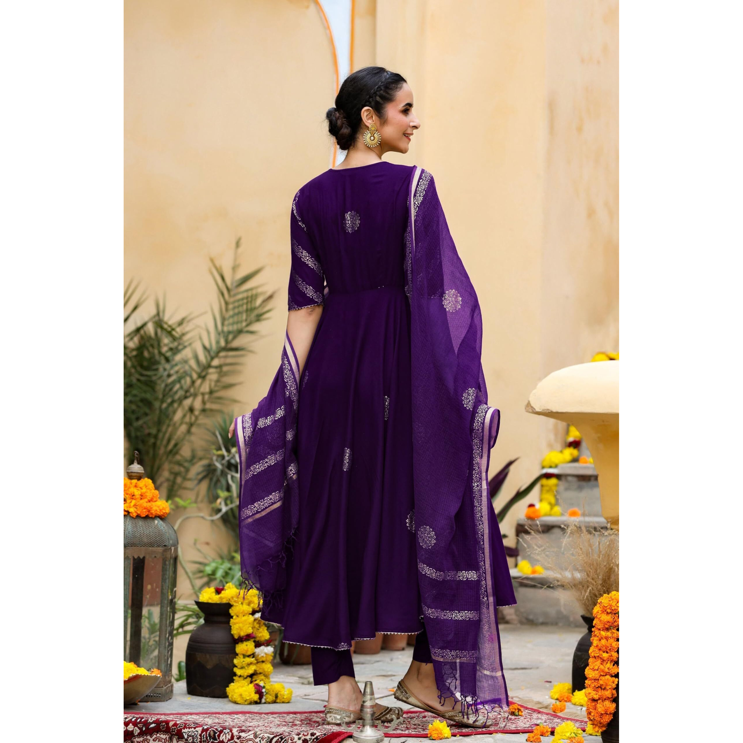 GoSriKi Women's Rayon Blend Anarkali Printed Kurta with Pant & Dupatta (Berlin BEGANI-GS_L_Begani_Large)