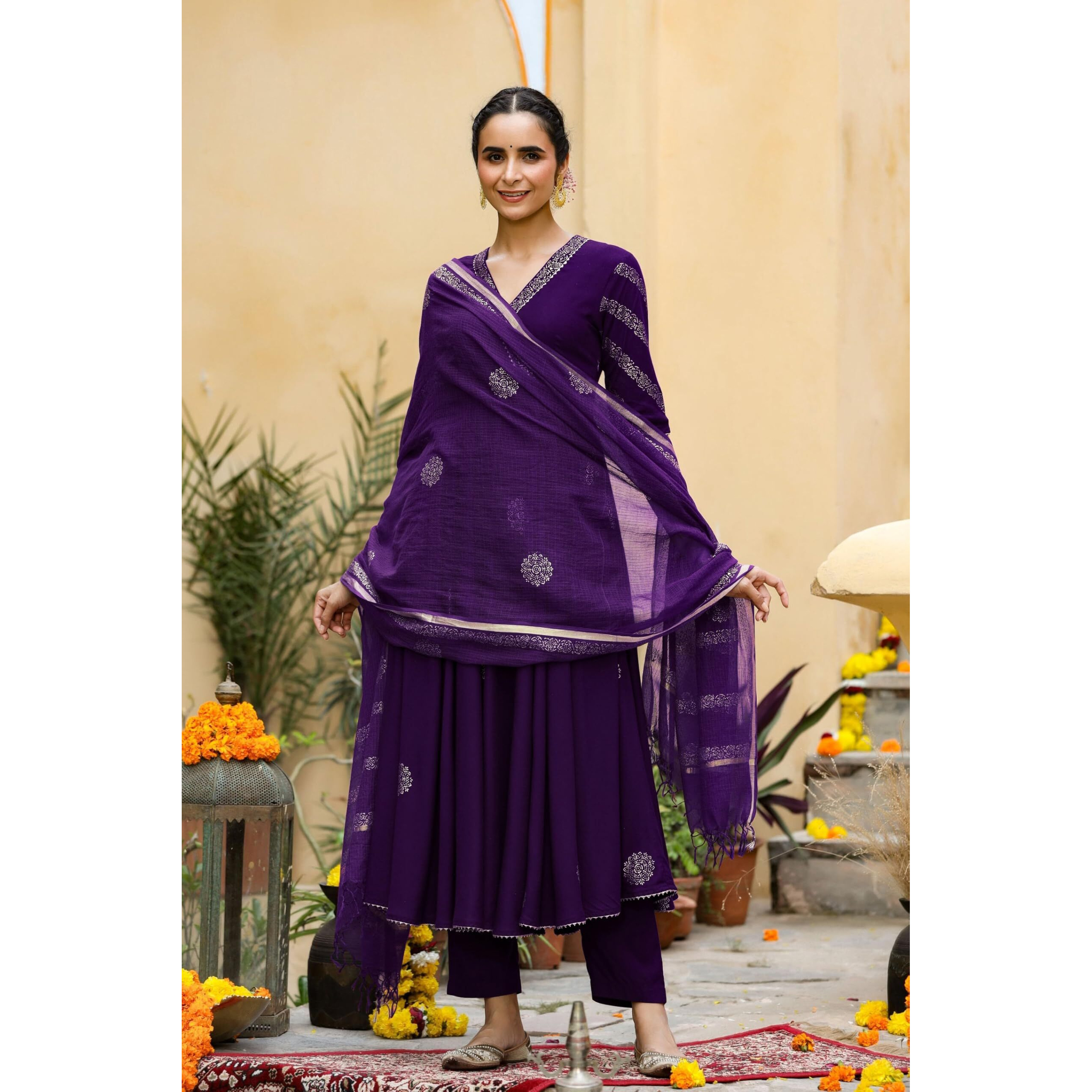 GoSriKi Women's Rayon Blend Anarkali Printed Kurta with Pant & Dupatta (Berlin BEGANI-GS_L_Begani_Large)