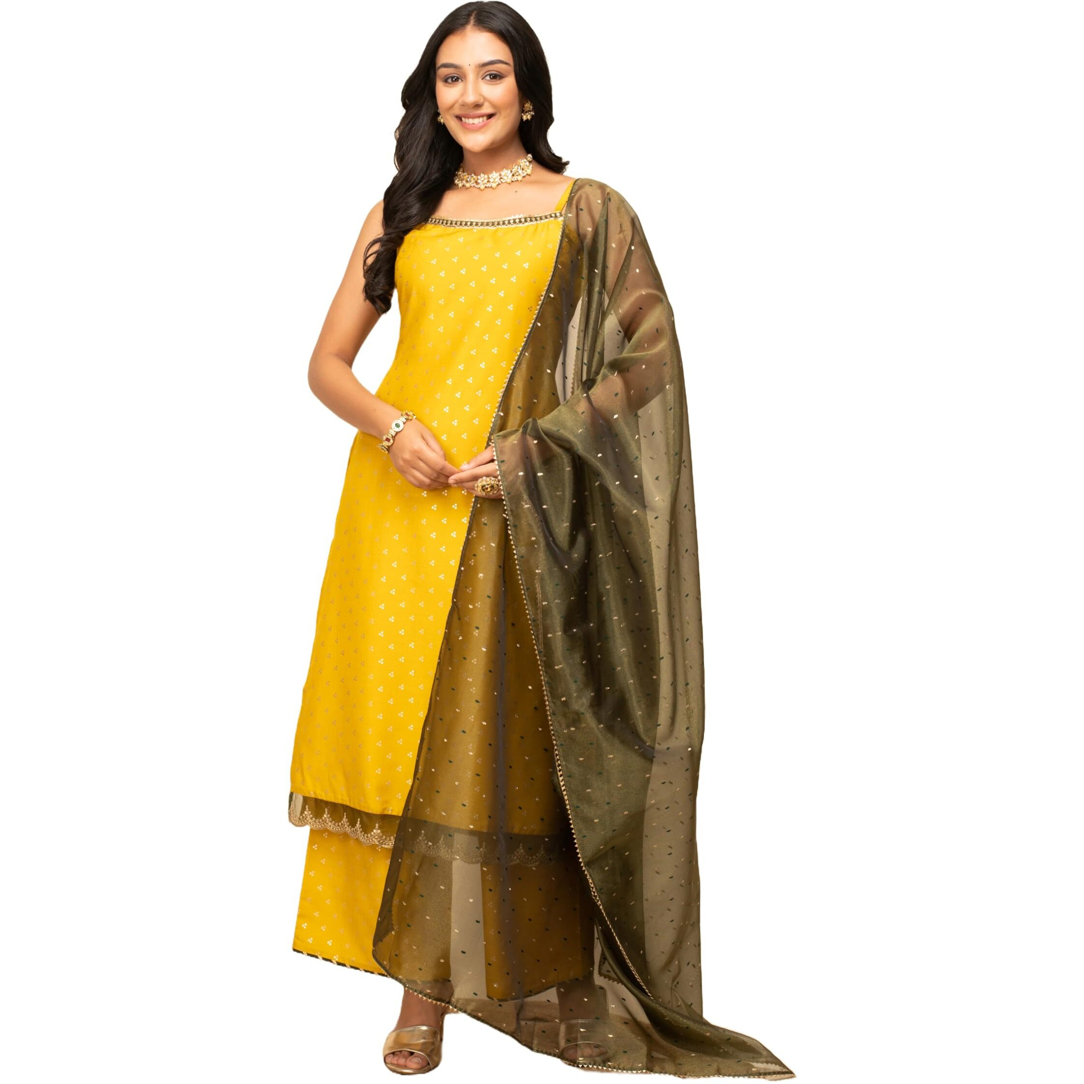 FIORRA Women's Yellow Silk Blend Straight Kurta with Palazzo and Dupatta SET0119