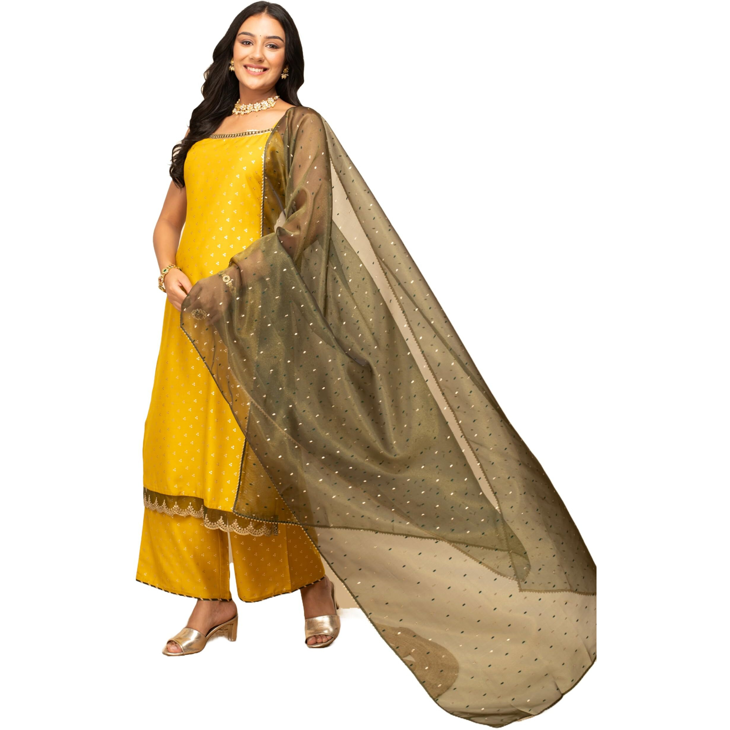 FIORRA Women's Yellow Silk Blend Straight Kurta with Palazzo and Dupatta SET0119