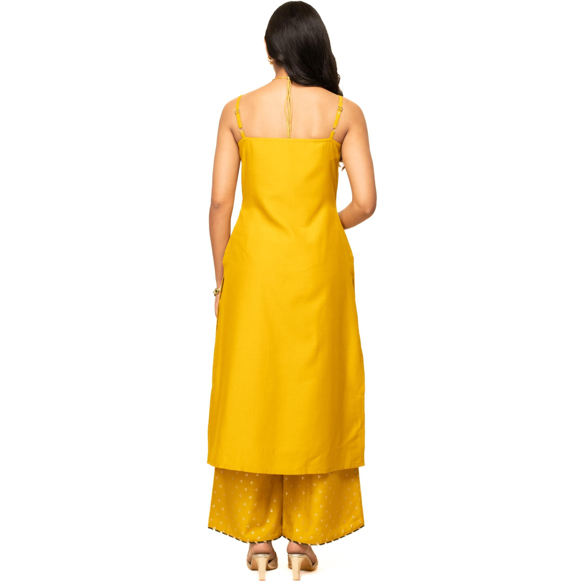 FIORRA Women's Yellow Silk Blend Straight Kurta with Palazzo and Dupatta SET0119