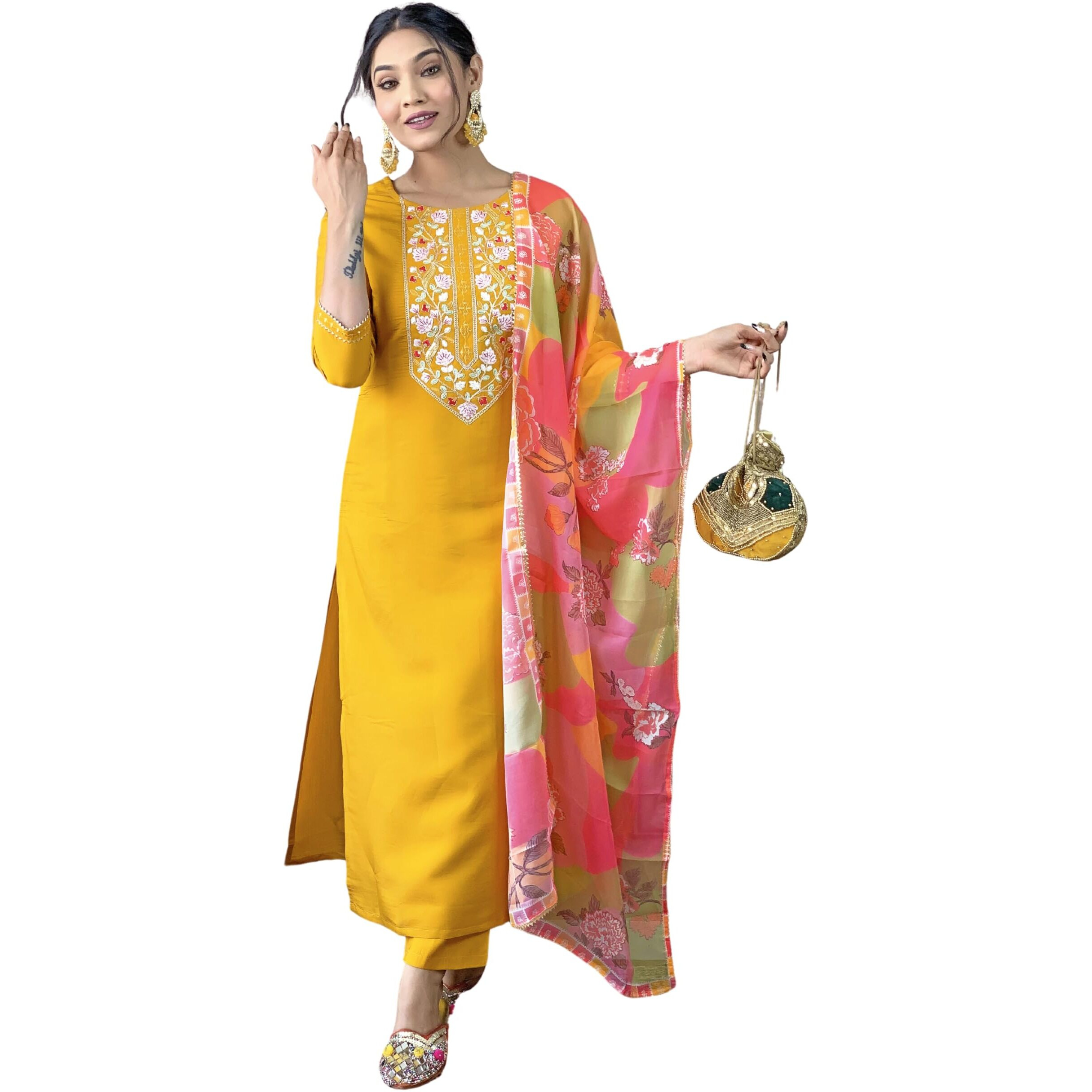 Naixa Women's Yellow Rayon Blend Embroidered Straight Kurta with Rayon Blend Pant and Organza Printed Dupatta Sets (NX-506-Yellow-M)