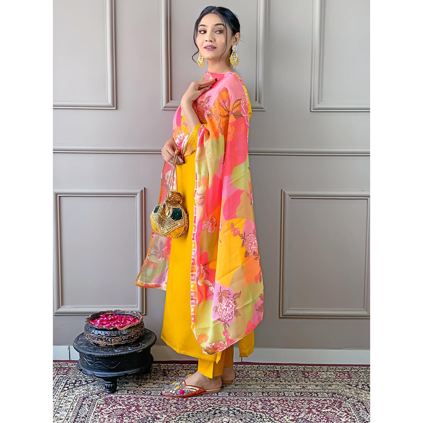 Naixa Women's Yellow Rayon Blend Embroidered Straight Kurta with Rayon Blend Pant and Organza Printed Dupatta Sets (NX-506-Yellow-M)
