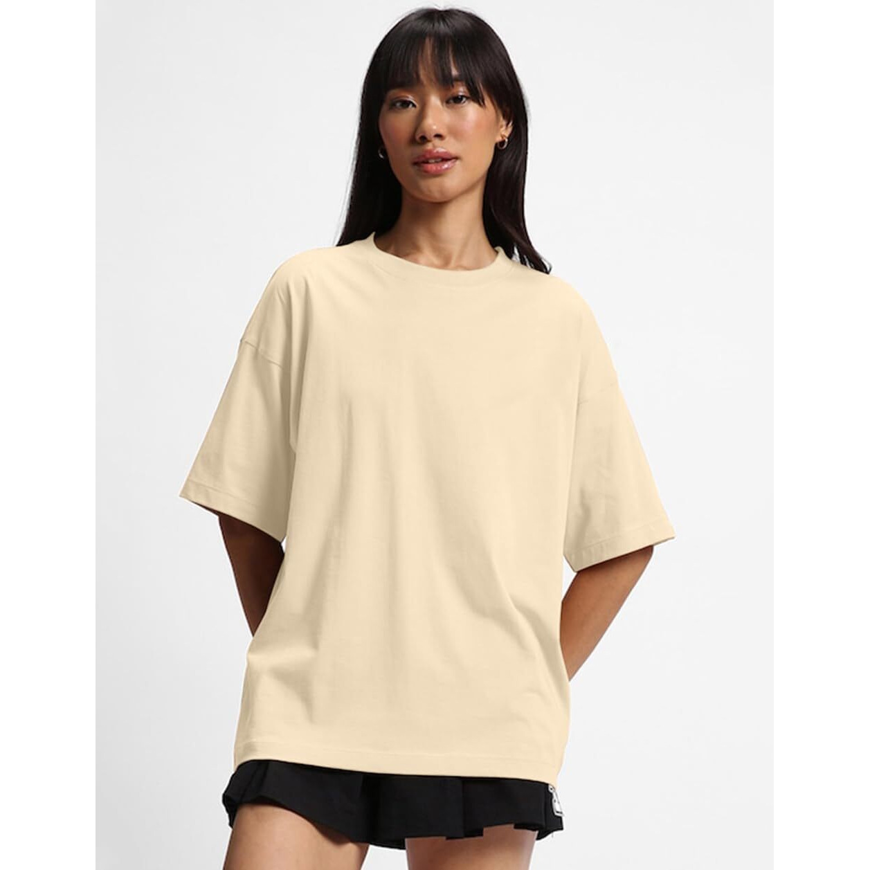 JUNEBERRY Pure Cotton Drop Shoulder Oversized Baggy Fit Half Sleeve Plain Solid Round Neck Multicolor T-Shirt for Women & Girls (Pack of 3) (PO3_OS_J_BK_SW_CR_M)