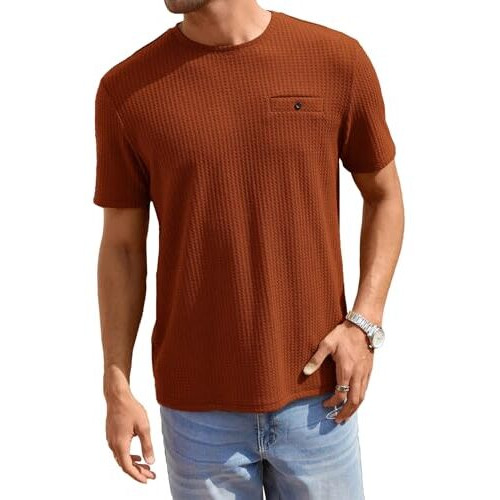 TAGDO Men's Waffle Knitted Crew Neck Regular Fit Tees (Waffle-5154-Rust-L)