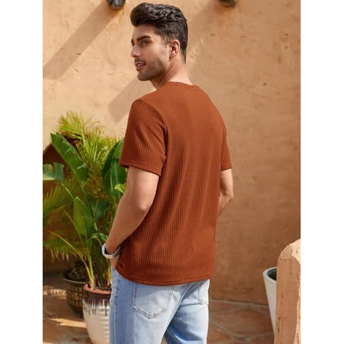 TAGDO Men's Waffle Knitted Crew Neck Regular Fit Tees (Waffle-5154-Rust-L)